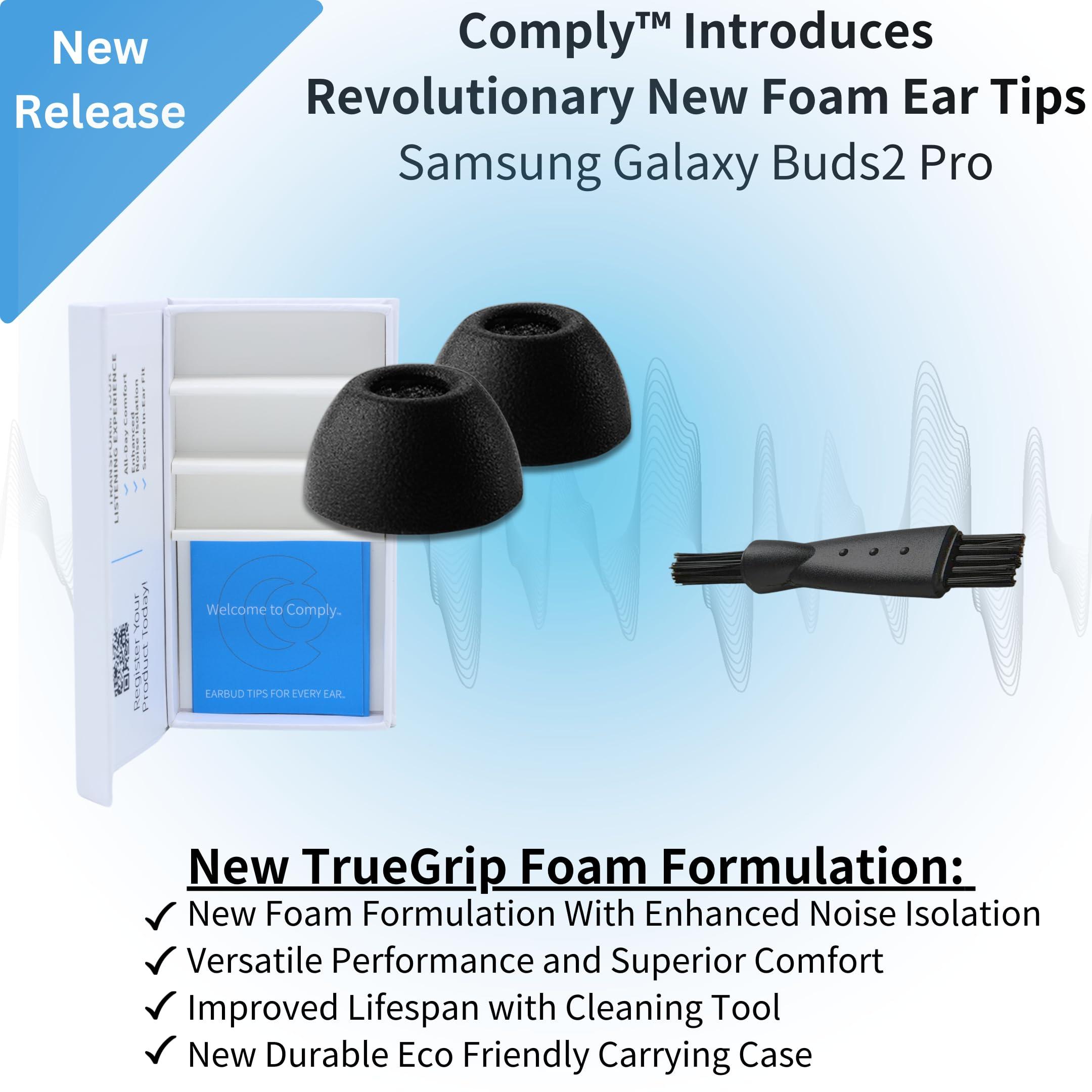 COMPLY Comply Foam New TrueGrip Premium Memory Foam Ear Tips for Samsung Galaxy Buds2 Pro Earbuds, Medium Black, 3 Pairs, Superior Noise Isolation, Increased Comfort, Secure in-Ear Fit, with Cleaning Tool