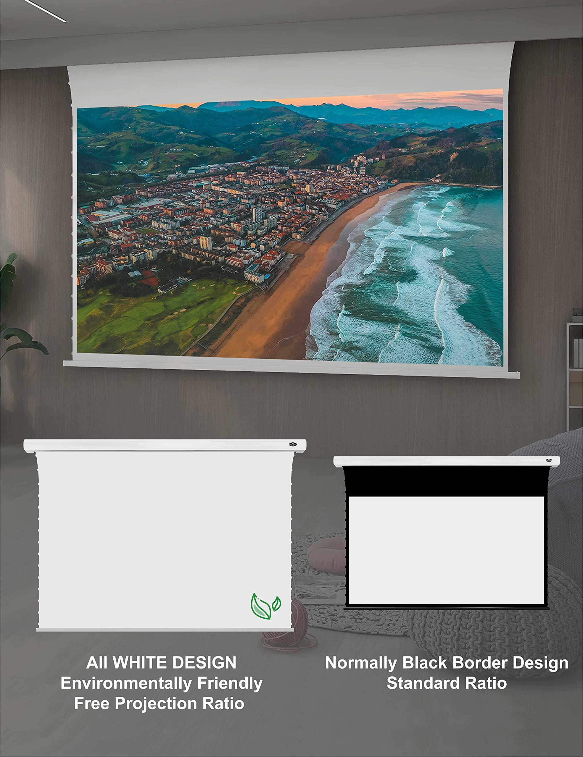 VIVID STORM SINCE 2004 VIVIDSTORM-Projector Screen,Slimline Electric Tab-tensioned Drop Down with All White Cinema Screen,Compatible with Normal Projector,VMSLWA84H