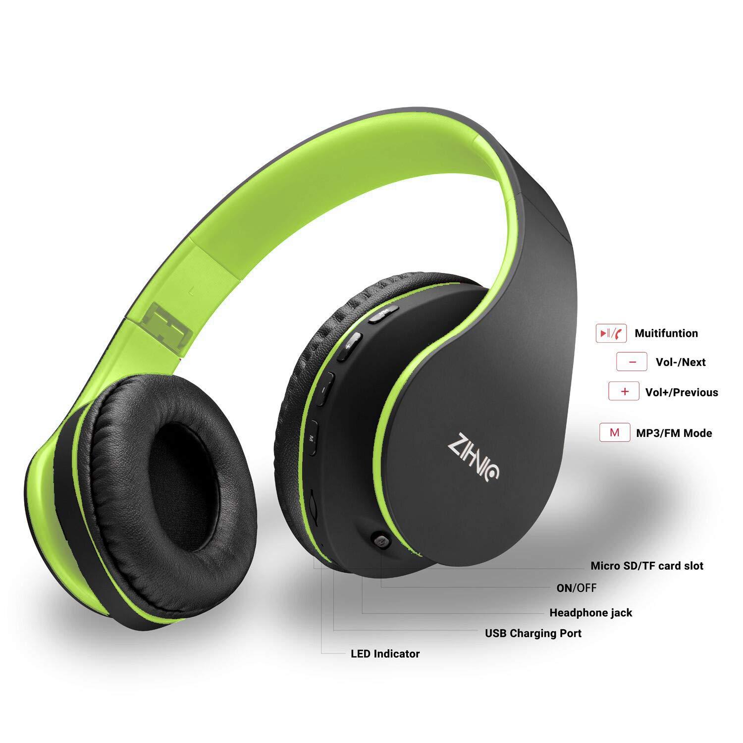 ZIHNIC ZIHNIC Bluetooth Headphones Over-Ear, Foldable Wireless and Wired Stereo Headset Micro SD/TF, FM for Cell Phone,PC,Soft Earmuffs &Light Weight for Prolonged Wearing(Black/Green)