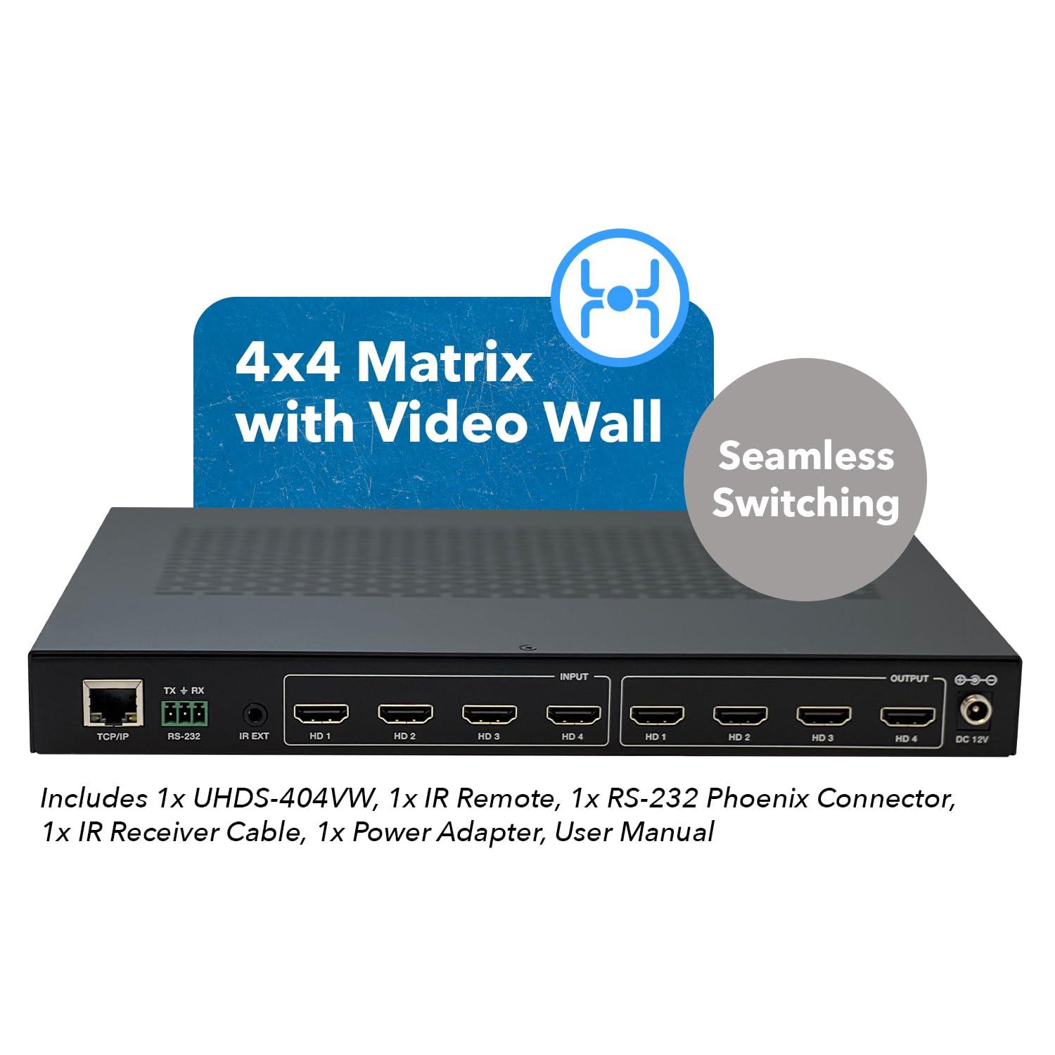 OREI OREI 4K 4x4 Seamless HDMI Matrix Switch Video Wall Controller Upto 4K@60hz 4:4:4 8-bit - HDMI 2.0, HDCP 2.2, 18 Gbps, UltaHD 2x2, 1x4, 1x2, 4x1-180 Degree Rotate - Remote Control (UHDS-404VW)