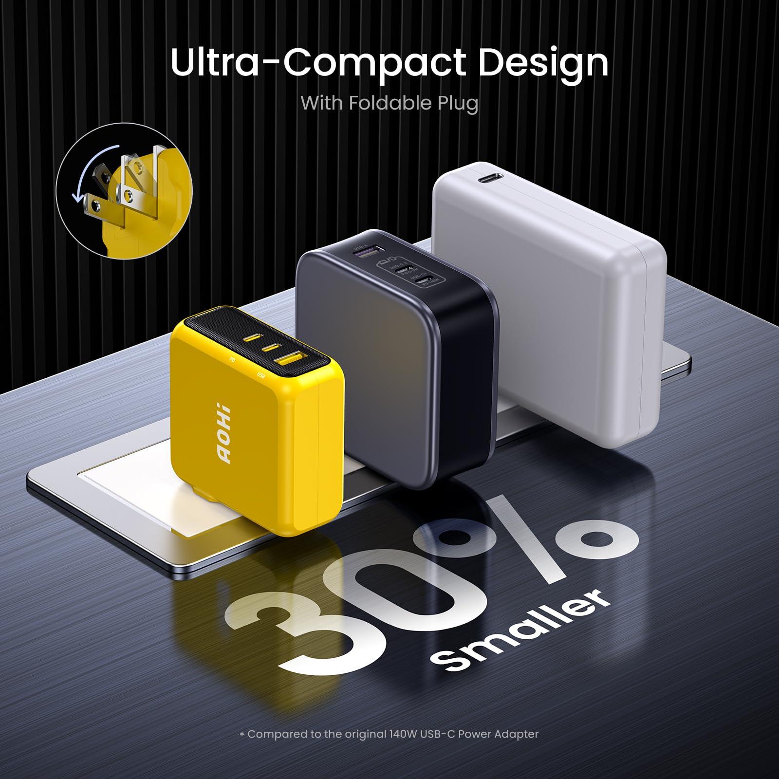 AOHI AOHI Magcube 140W USB C Charger PD3.1 3-Port GaN+ Laptop Wall Charger 100W Fast Charging Power Adapter Foldable Plug for MacBook Pro 16'', Dell XPS, iPad Pro, Galaxy, iPhone 15 Pro, Chromebook, Yellow