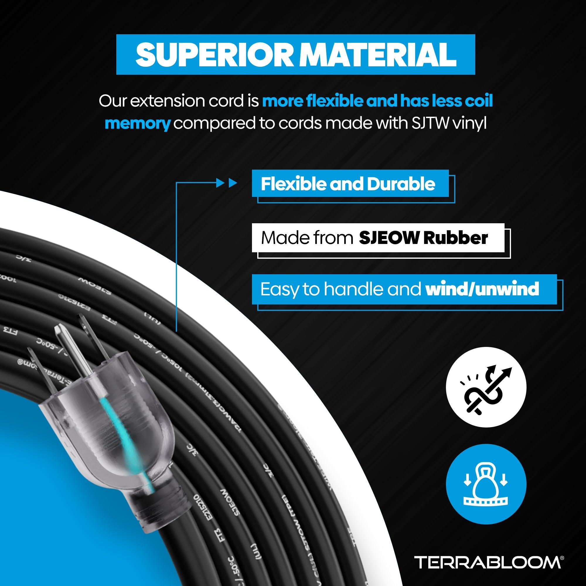 TerraBloom TerraBloom 14/3 Heavy Duty Extension Cord 50 FT Outdoor - Black Outdoor Extension Cord Multiple Outlet - Ultra-Flexible SJEOW Rubber, Light Indicator, Triple Outlet for Maximum Efficiency - 15 Amp