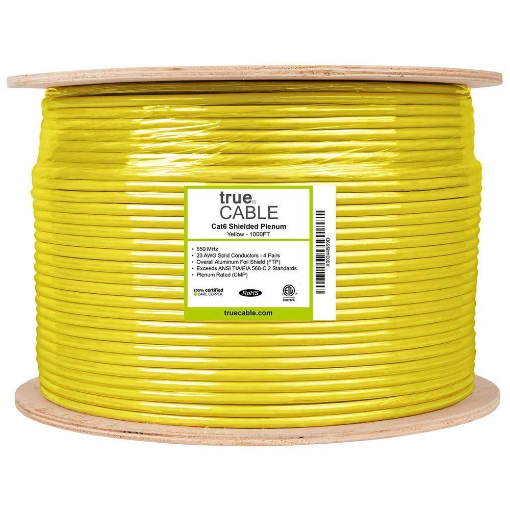 TRUE CABLE trueCABLE Cat6 Plenum Shielded (CMP), 1000ft, Yellow, 23AWG Solid Bare Copper, 550MHz, PoE++ (4PPoE), ETL Listed, Overall Aluminum Foil Shield (F/UTP), Bulk Ethernet Cable