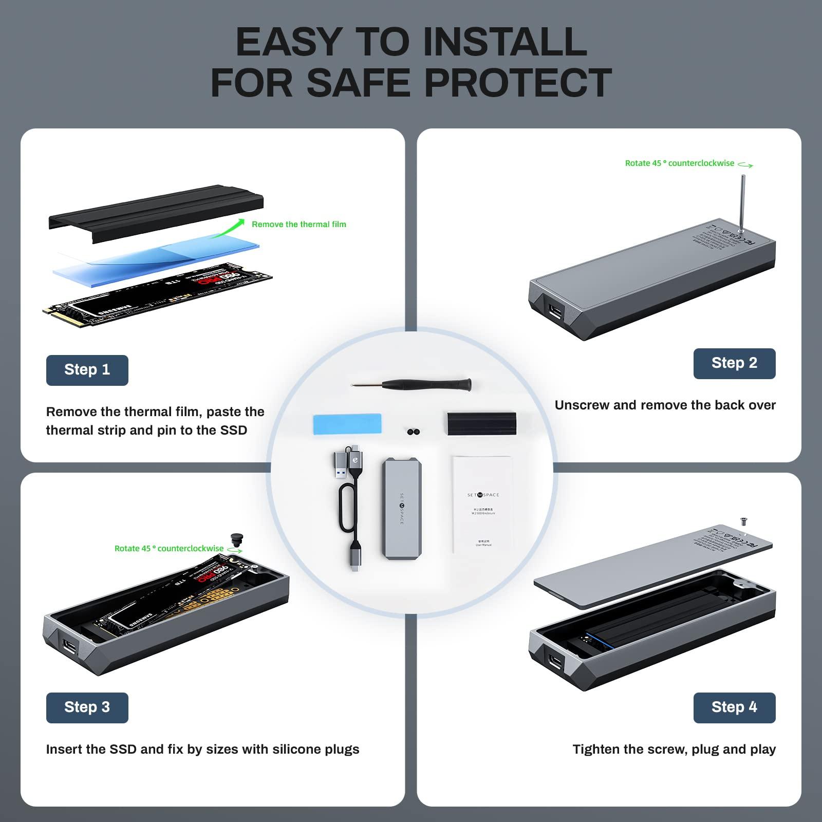 SETMSPACE NVME Enclosure ['Tough Guy' Quality], 20 Gbps M.2 Enclosure for M-Key PCIe NVME, Solid Aluminium Alloy SETMSPACE M.2 Enclosure with USBC/A Cable, Screw Fixed SSD Enclosure for 2230/2242/2260/2280-NEW