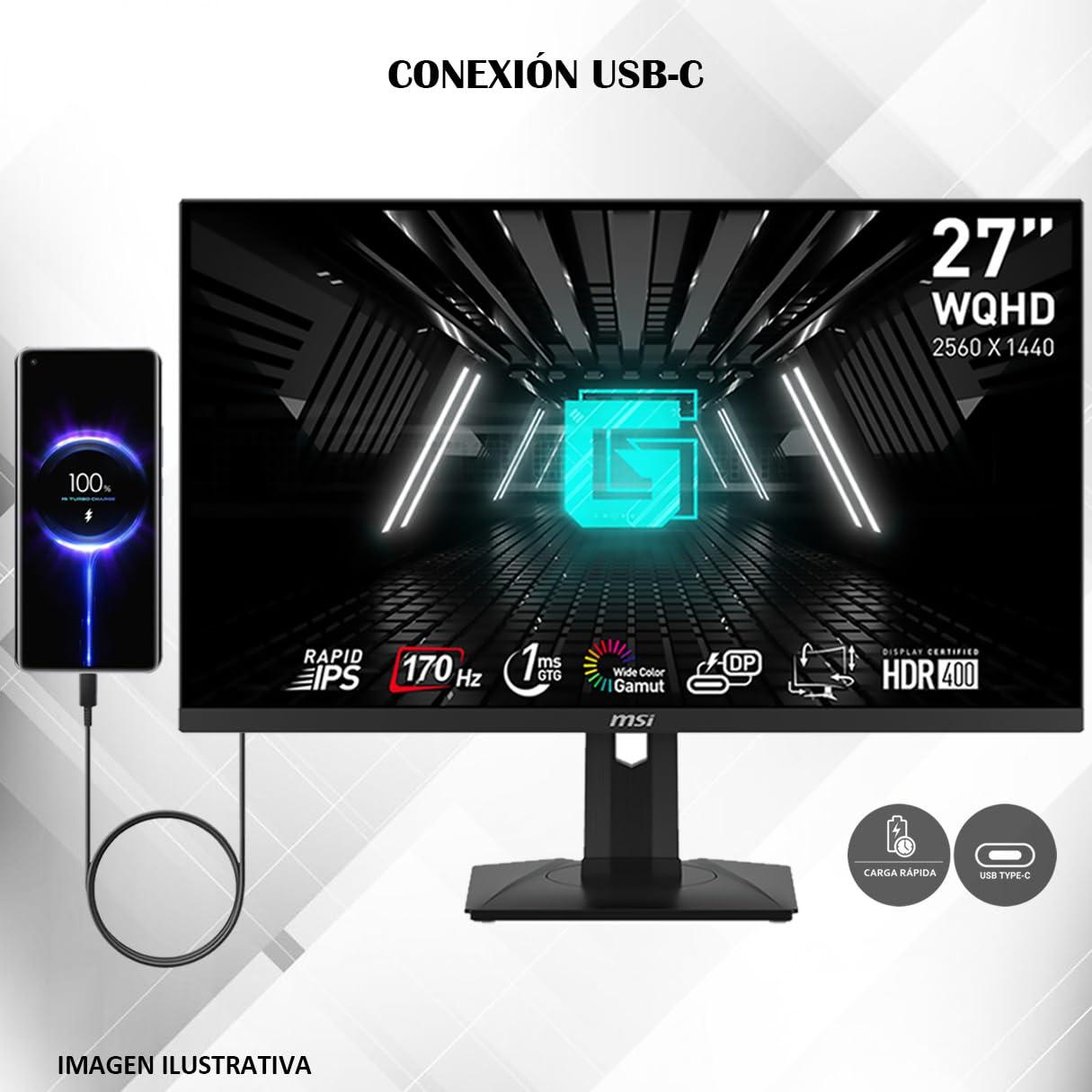 MSI MSI G274QPF, 27" Gaming Monitor 2560 x 1440 (2K WQHD) Rapid IPS 1ms 170Hz G-Sync Compatible HDR 400 USB-C HDMI Displayport Tilt Swivel Height Adjustable Pivot