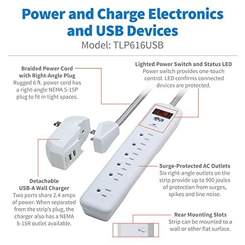 Tripp Lite Tripp Lite Surge Protector Power Strip 7-Outlet with 2 USB Ports 6ft Cord White (TLP616USB)
