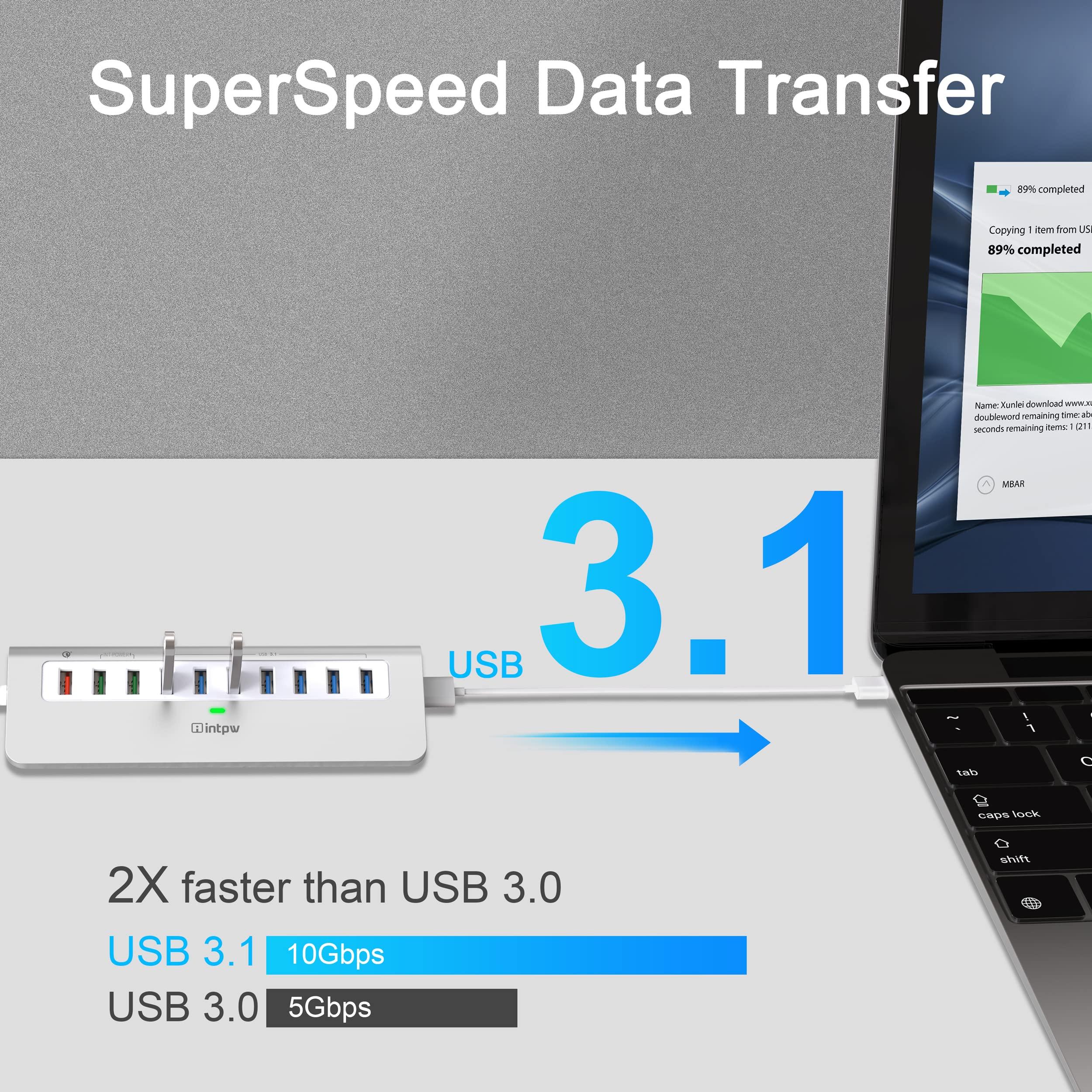 intpw Powered USB Hub 10Gbps, 10 Port USB 3.1 Gen 2 Hub with 7 USB 3.1 Data Ports, 3 Fast Charging Ports, 36W Power Adapter, Type A and Type C Cable, Aluminum USB Data Hub for Mac, PC, Laptop