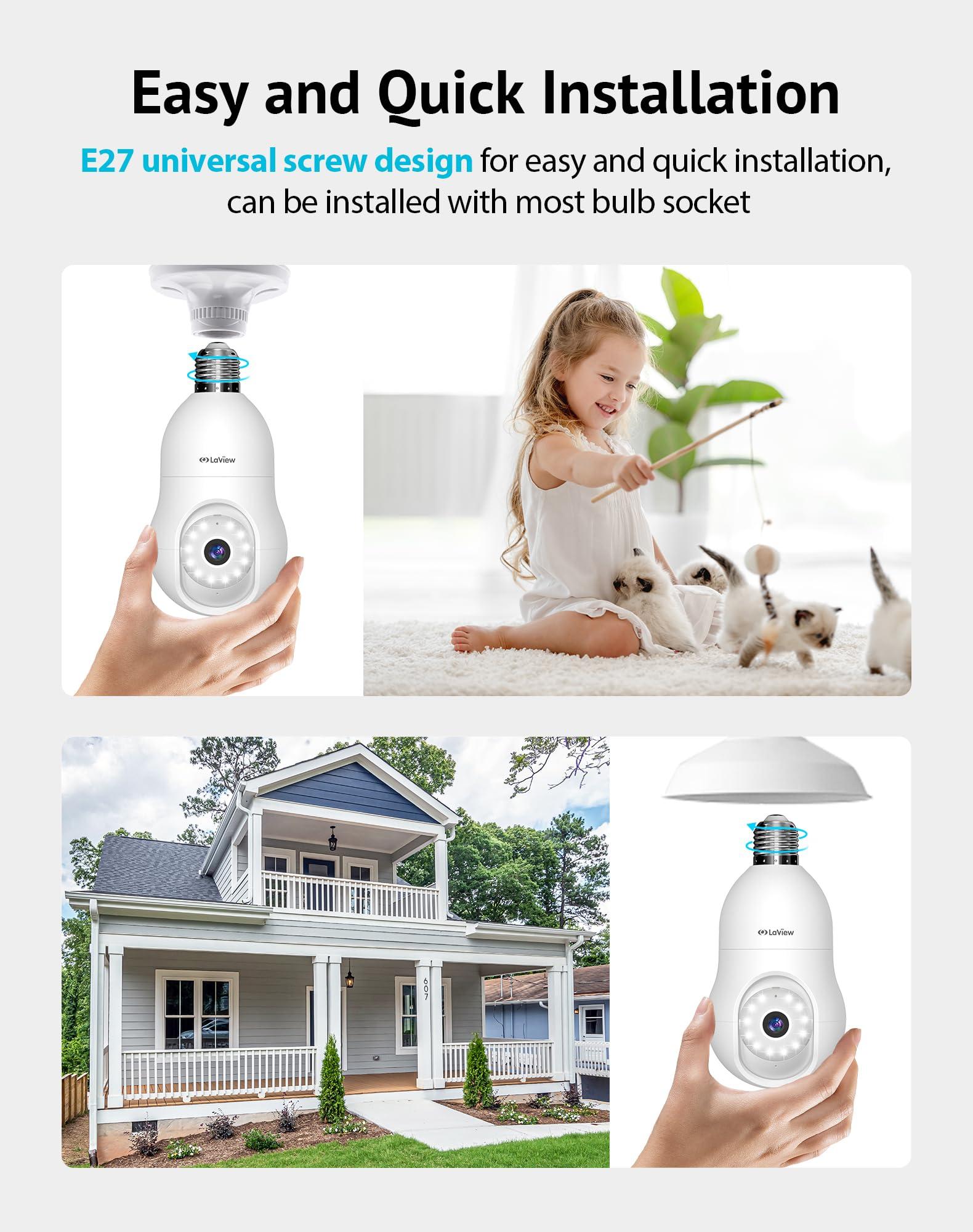 LaView LaView 4MP Bulb Security Camera 2.4GHz,360 2K Security Cameras Wireless Outdoor Indoor Full Color Day and Night, Motion Detection, Audible Alarm, Easy Installation, Compatible with Alexa