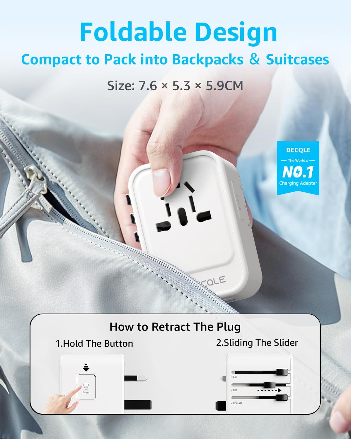 decqle decqle Universal Travel Adapter, International Travel Plug Adapter with 2 USB-C(PD 20W) 1 USB-A Ports, All in One Portable Adaptor, for USA, UK, EU, AU 224+ Countries (White) US