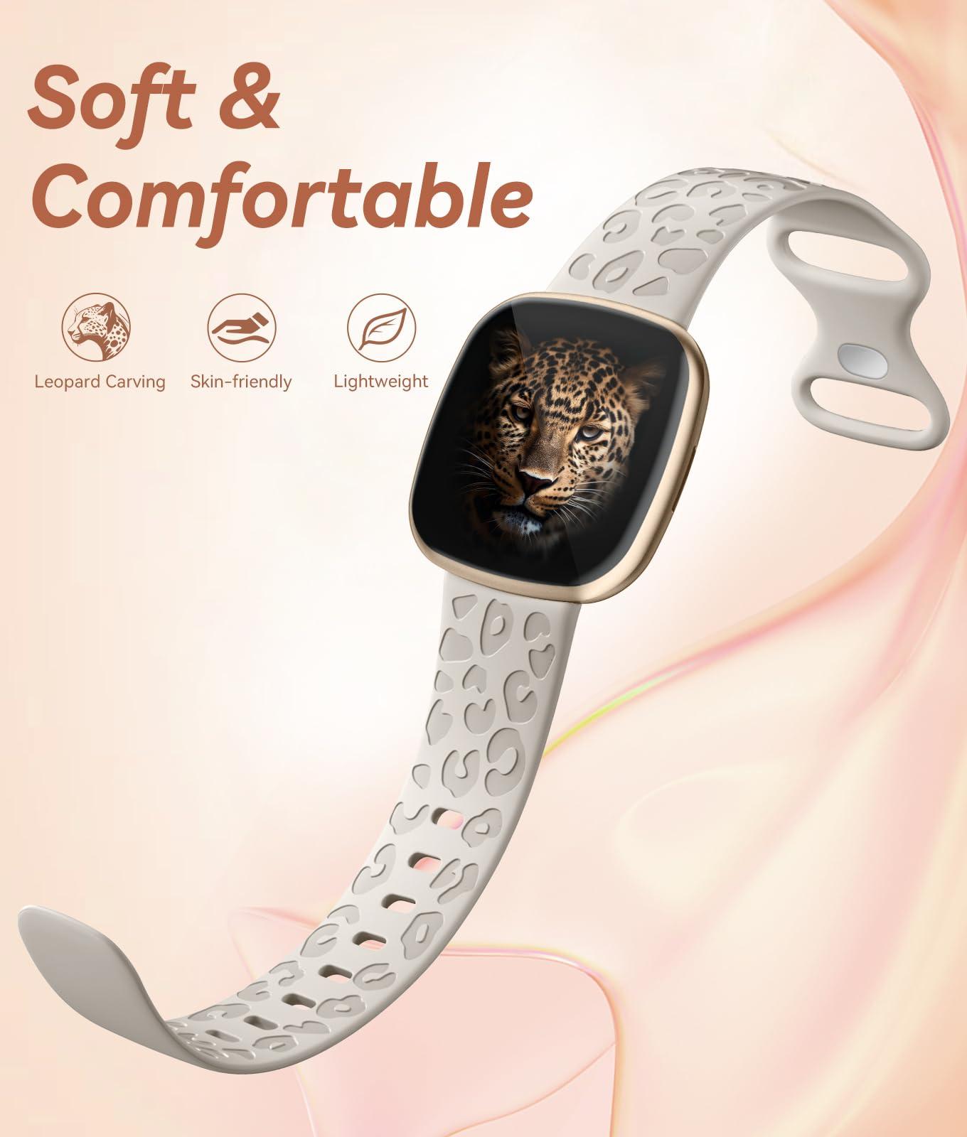 Odbeai Odbeai Leopard Engraved Compatible with Fitbit Versa 4 Bands for Woman,for Versa 3/Sense 2/Sense Bands,Cute Fancy Soft Silicone Sport Waterproof Replacement Strap