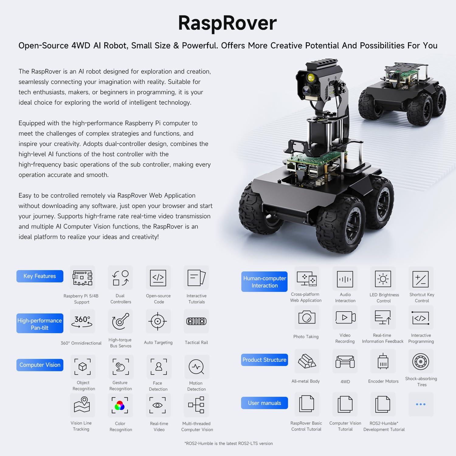 waveshare Waveshare RaspRover Open-Source 4WD AI Robot,Compatible with Raspberry Pi 4B, Dual Controllers, Computer Vision, Comes with Pan-Tilt Module, PI4B-4GB Included
