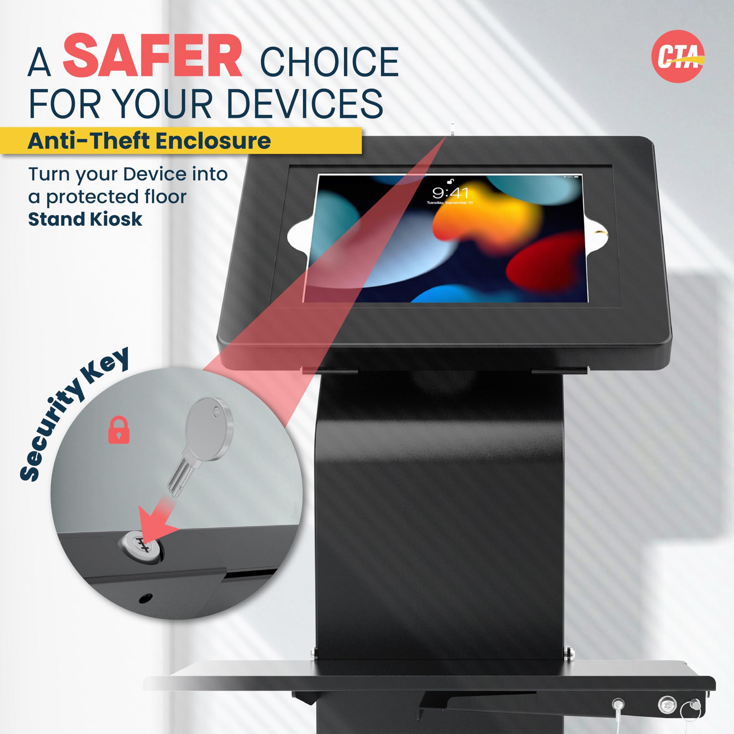 CTA Digital Anti-Theft Mobile Workstation Stand - CTA Locking Floor Stand Kiosk w/Secure Enclosure, Keyboard Tray & Storage - iPad 10.2" 7/8/9 Gen - 11" iPad Pro - Galaxy Tab A & More - Black - (PAD-PARAFK)