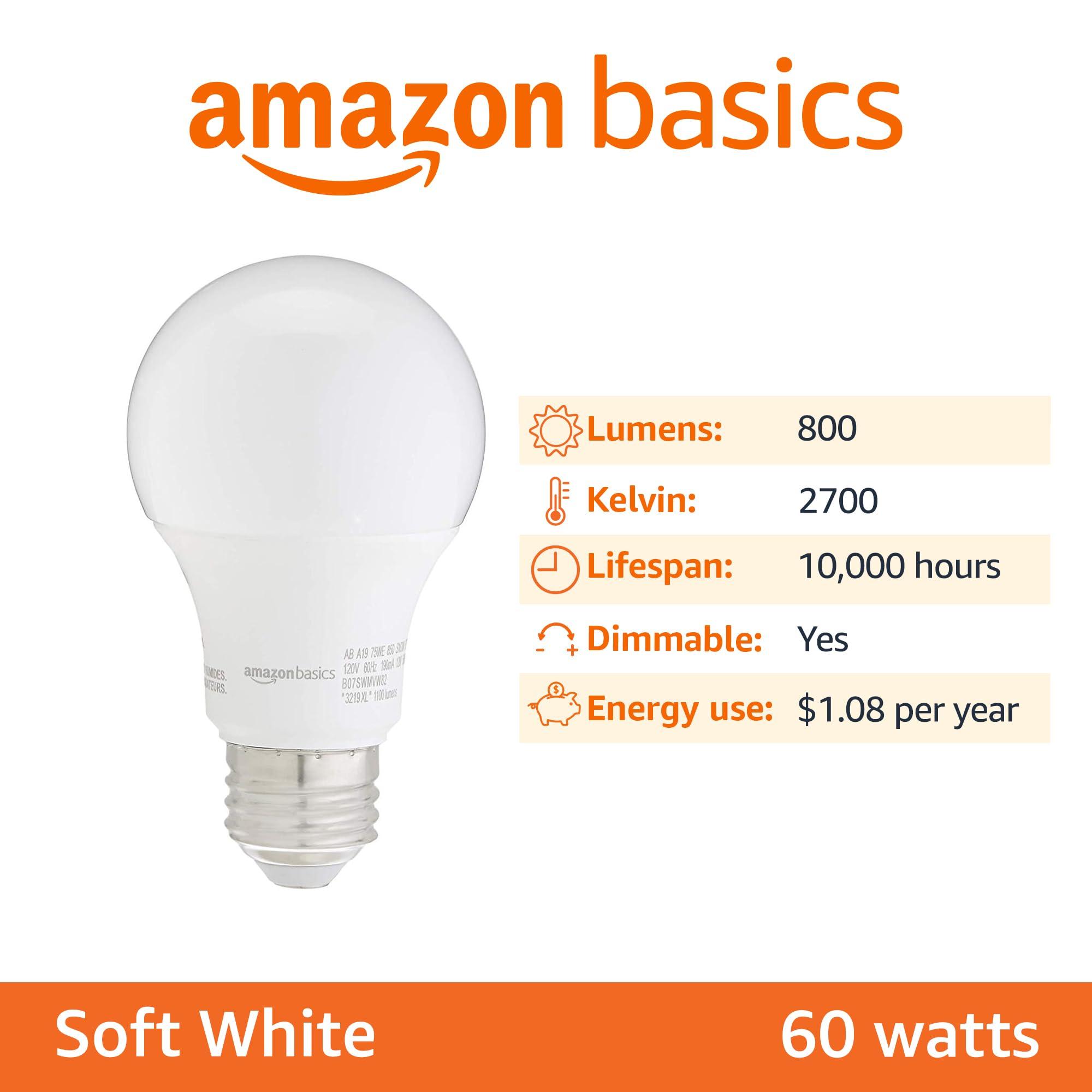 Amazon Basics Amazon Basics A19 LED Light Bulb, 60 Watt Equivalent, Energy Efficient 12W, E26 Standard Base, Soft White 2700K, Dimmable, 10,000 Hour Lifetime , 6-Pack