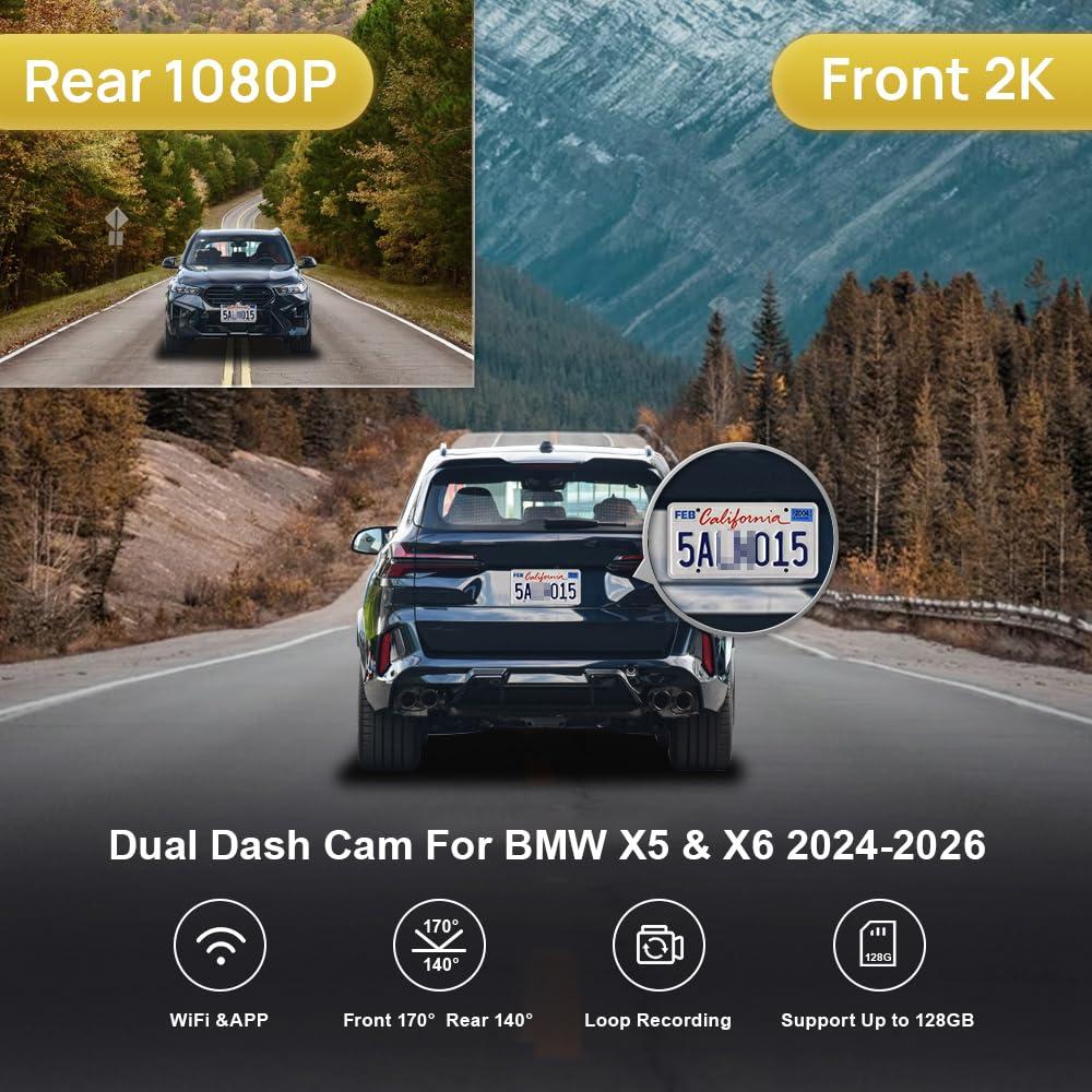 FITCAMX Fitcamx Front 2K+Rear 1080P Dash Cam for 2024 2025 BMW X5 X6 XDrive40i 45e 50e M50i M60i & X5M X6M (G05/G06), OEM Look, Built-in WiFi & APP, Dual Loop Recording, G-Sensor, Easy to Set, 64GB Card