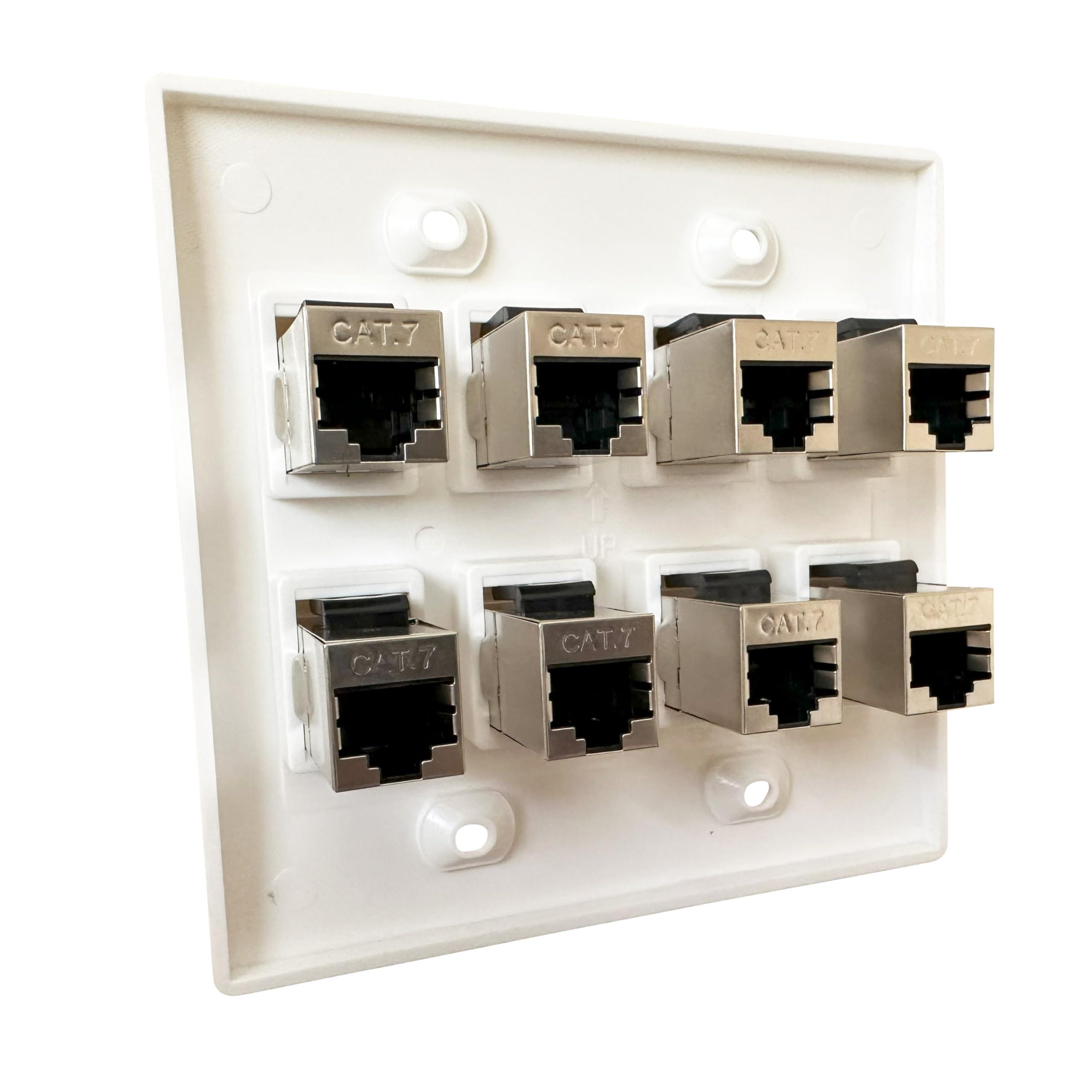 DIYTECH DIYTECH Cat7 Wall Plate - RJ45 Ethernet Wall Outlet, Female to Female Cat 7 Plate, for Network Setup - White (8 Port)
