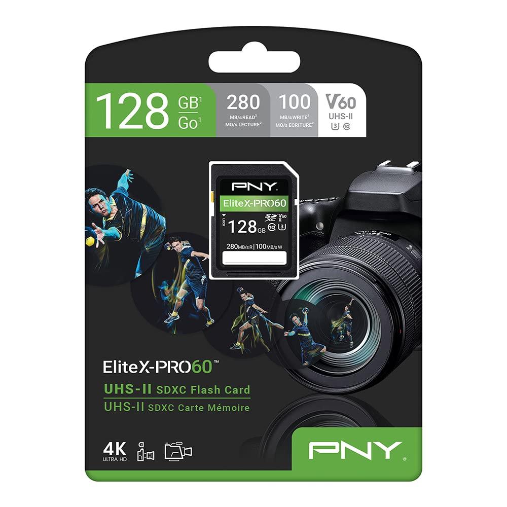 PNY PNY 128GB EliteX-PRO60 UHS-II SDXC Memory Card - R280MB/s W100MB/s, U3, V60, 4K UHD, Full HD, UHS-II for Professional Photographers & Content Creators, DSLR Mirrorless Cameras, Advanced Video Cameras