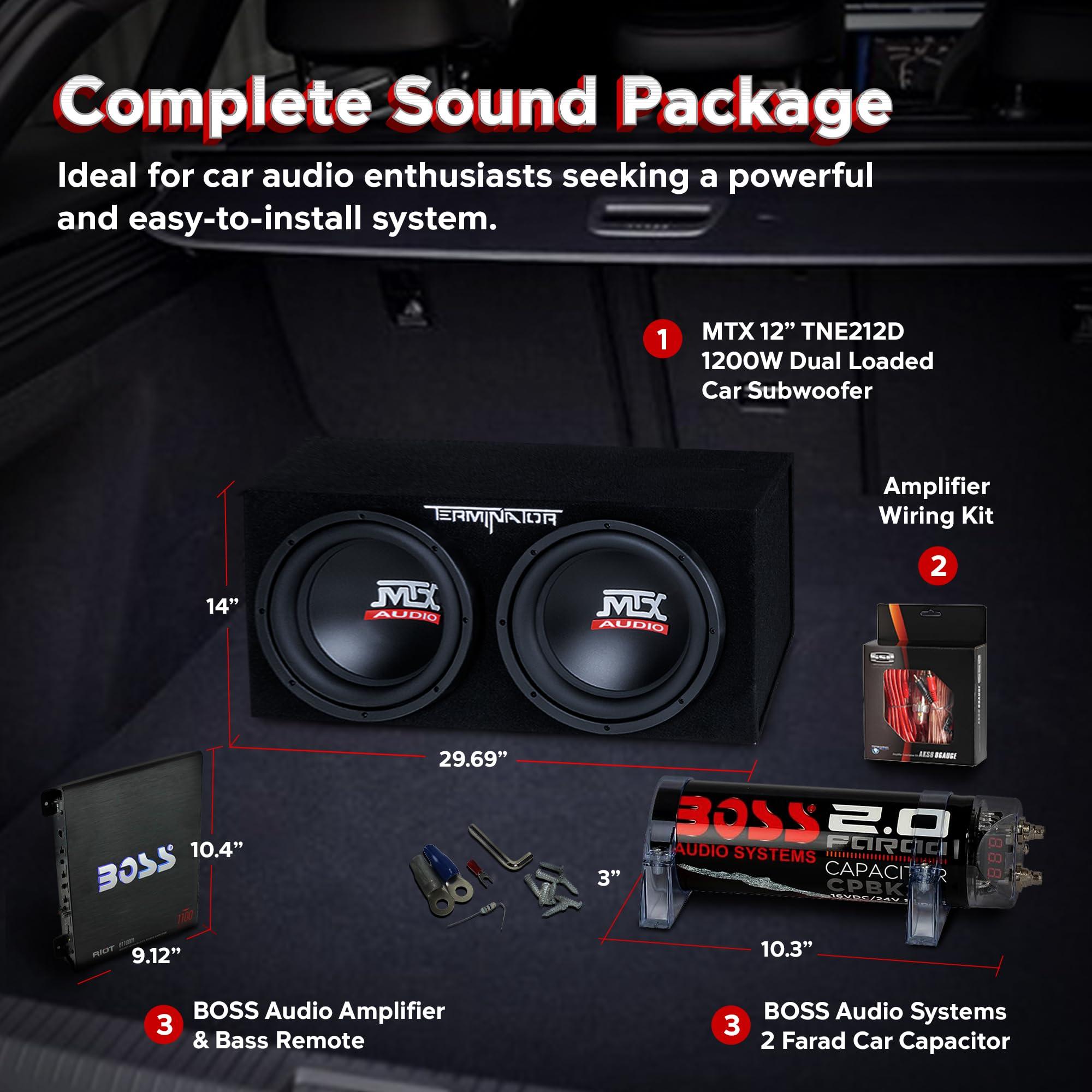 MTX MTX 12 Inch 1200 Watt 4 Ohm Dual Loaded Car Audio Subwoofer Package with Sub Enclosure, Boss 1100W Mono A/B Amplifier, Wiring Kit and Capacitor