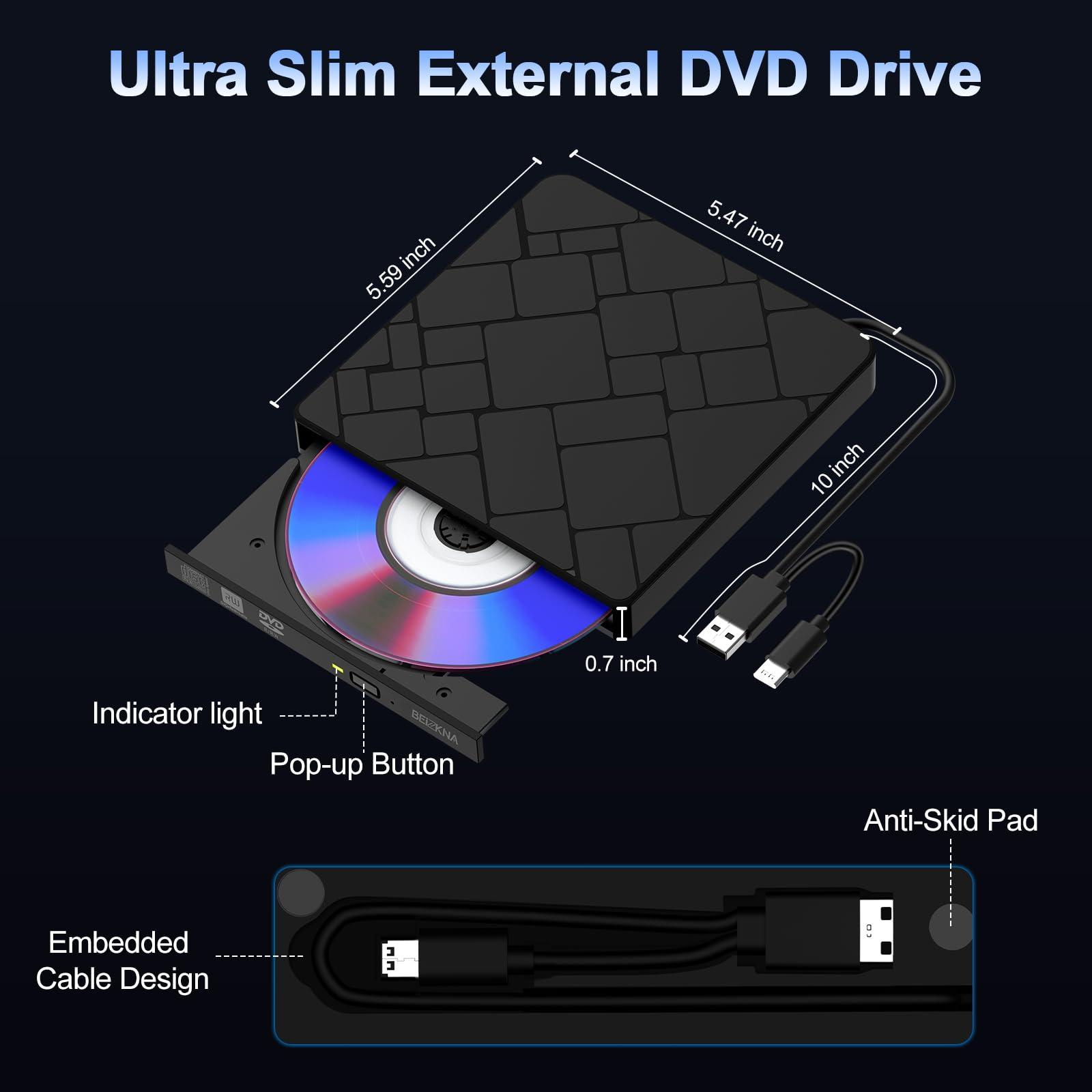 Beizkna External CD DVD Drive for Laptop USB 3.0 & Type-C Portable CD DVD Player for CD ROM +/-RW Burner Reader Writer Optical Disc Drive for Laptop Desktop PC Windows 11/10 Linux Mac OS Apple MacBook Pro
