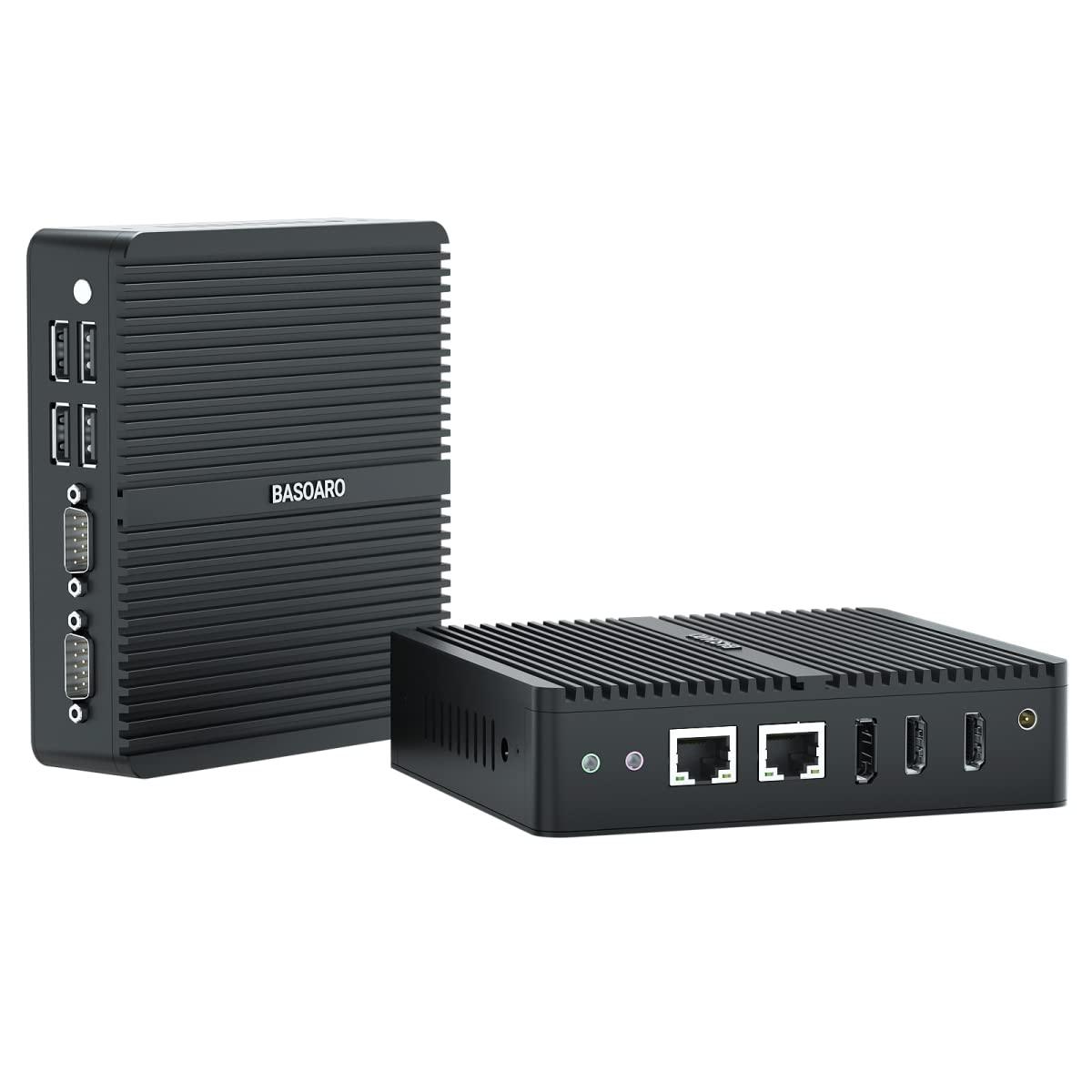BASOARO BASOARO Mini Desktop PC, Industrial PC Fanless Win 11 Pro, Celeron J6412, 8G RAM 512G SSD 1TB HDD, 2*RS232 COM, Dual LAN, 1*DP, 2*HD, Triple Display, 4K, WiFi, Dual Band WiFi, Mini PC Fanless