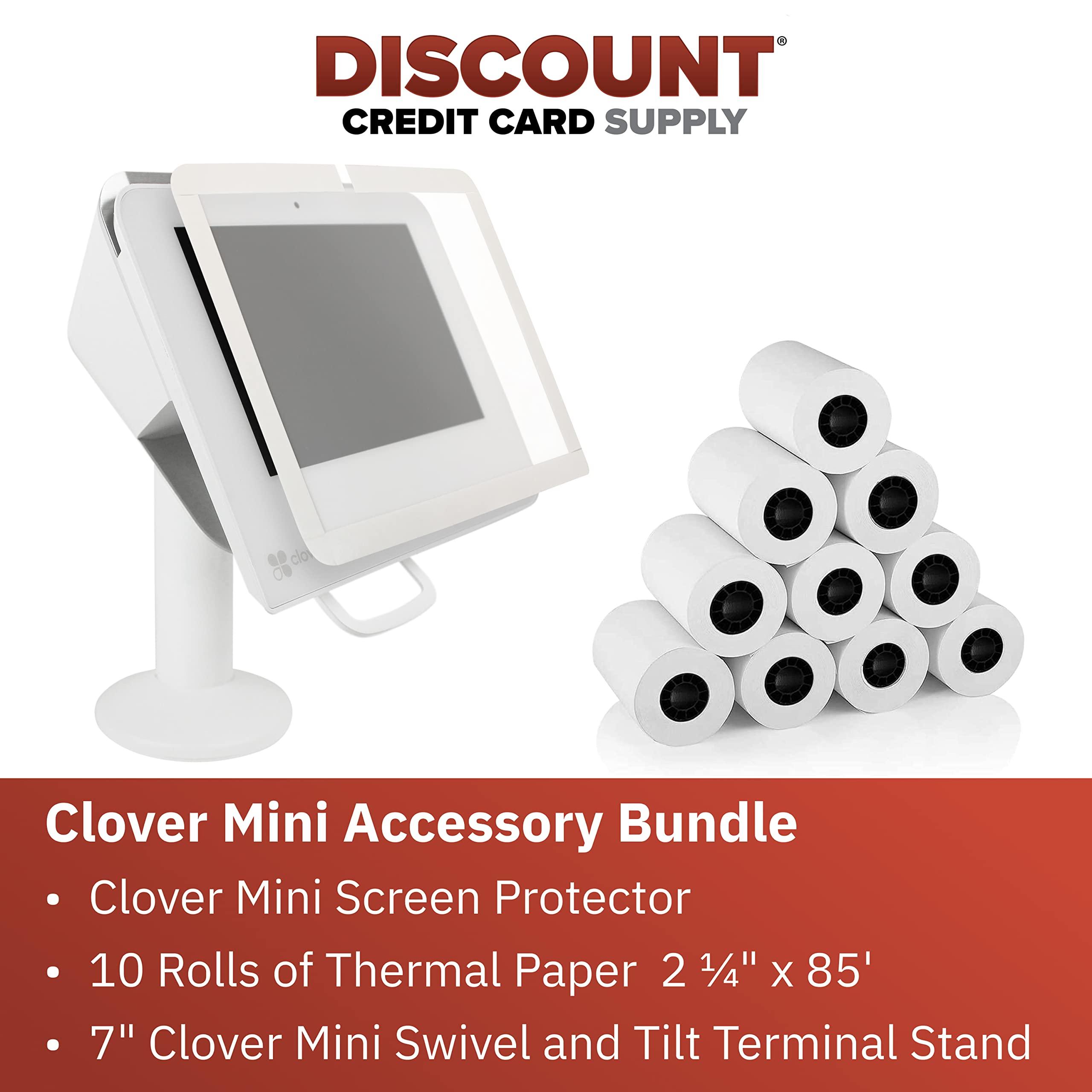 Discount Credit Card Supply Discount Credit Card Supply DCCStands Clover Mini /Clover Mini 3 7" Swivel and Tilt Stand, Anti-Glare Screen Protector, and 10 Roll Case of Thermal Paper 2 1/4" x 85' Bundle, White