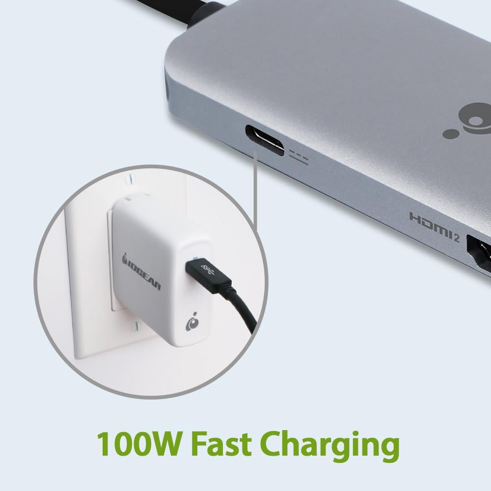 IOGEAR IOGEAR Docking Station USB-C 6-1 Nano Dock Pro Dock, Dual Monitors GUD3C8K2P with USB-C 6Ft Cable and 100W USB-C GaN Charger Adapter Bundle
