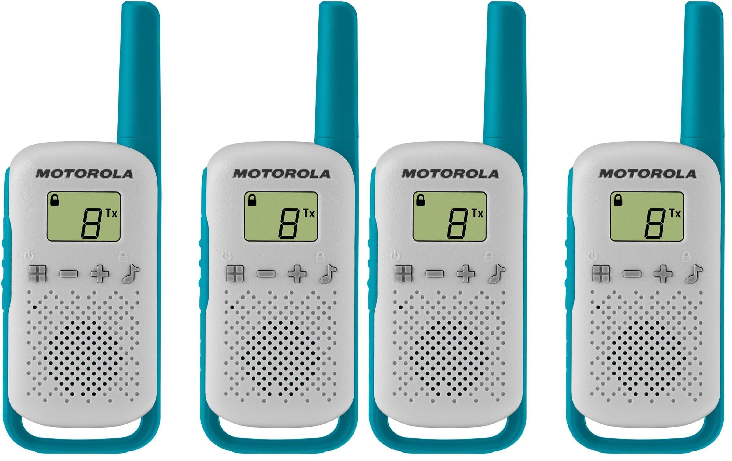Motorola Solutions Motorola Solutions, Portable FRS, T114, Talkabout, Two-Way Radios, Battery Operated, 22 Channel, 16 Mile, White/Blue, 4 Pack