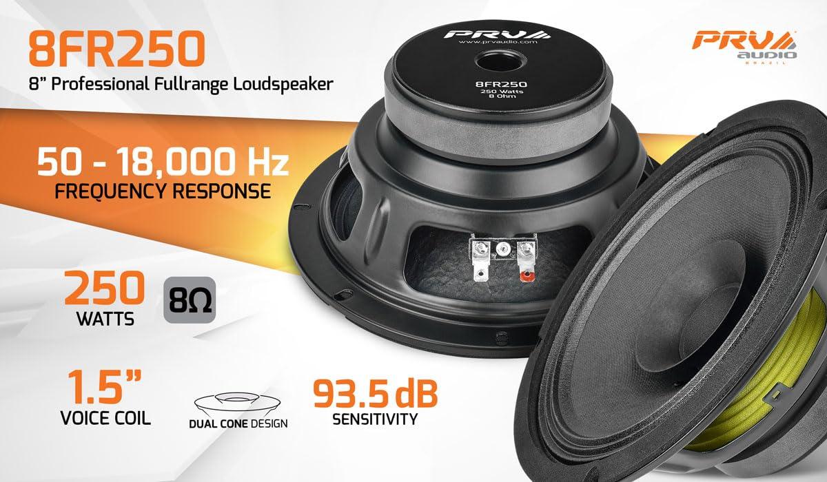 PRV AUDIO PRV AUDIO 8FR250 8 Inch Full Range Speaker, 8 Ohms, 250 Watts Continuous Program Power, 125 Watts RMS Power, 93.5 dB, Full-Range Driver Loudspeaker for Pro Audio Systems (Single)