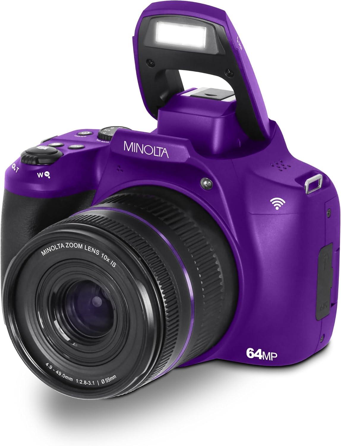 MINOLTA Minolta ProShot 64MP Digital Camera 10x Optical Zoom, 4K Ultra HD Video, Macro Shooting, Anti-Shake, 3-inch LCD Screen, Face Detection Includes 32GB SD Card, Battery & Case (Purple)