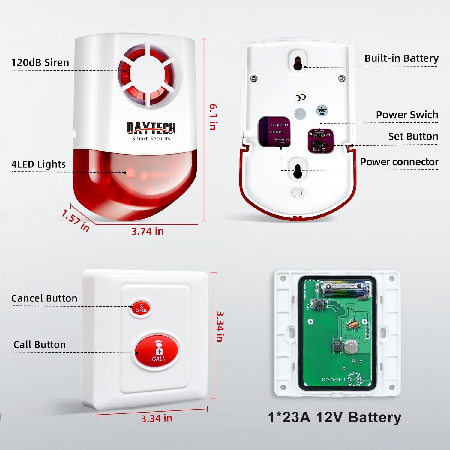 Daytech Daytech Strobe Siren Panic Alarm Button Siren Alarm with Light for Home Caring Loud Outdoor SOS Alert System 2 Red Flashing Siren and 4 Emergency Button for Store Hotel Jewelry Shop Security