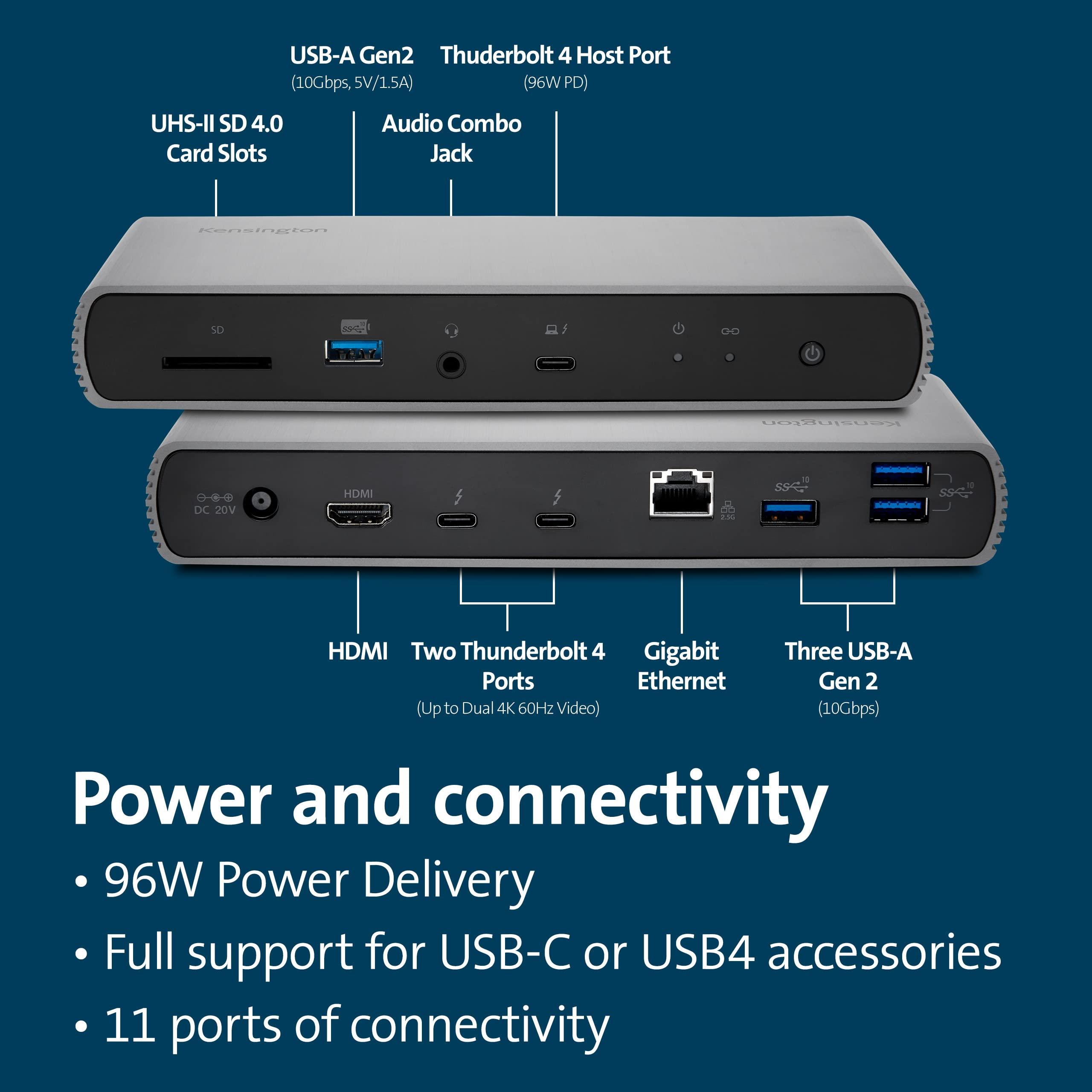 Kensington Kensington SD5780T Thunderbolt 4 Dual 4K Docking Station with up to 100W Power Delivery & SD Card Reader, HDMI & Thunderbolt 4 Ports for Windows and MacBooks (K33040NA)
