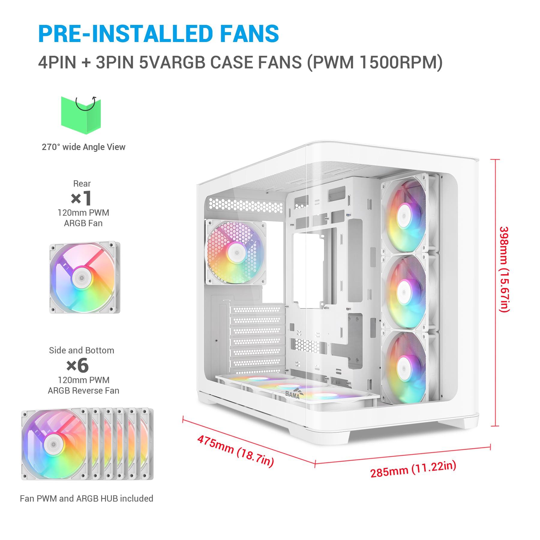 SAMA SAMA V60 Mid-Tower ATX PC Case, Curved Tempered Glass, High Airflow, 7x12cm ARGB PWM Fans with Fan Hub Pre-Installed, USB Type-C, ATX/MATX/ITX Back-Connect Support, 360mm Radiator Support, White