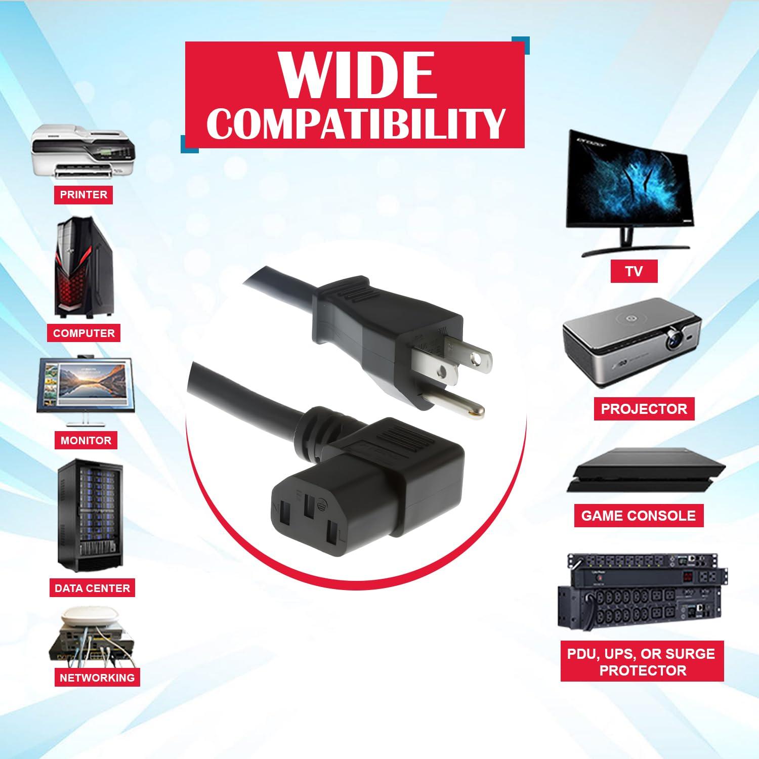 CablesAndKits CablesAndKits 10 ft Right Angle Power Cord for PC Computer Monitor Printer, 10A/125V, 18 AWG, 5-15P to C13, Right Angle Computer Power Cord (NEMA 5-15P to IEC-60320-C13) Black Lifetime Wty