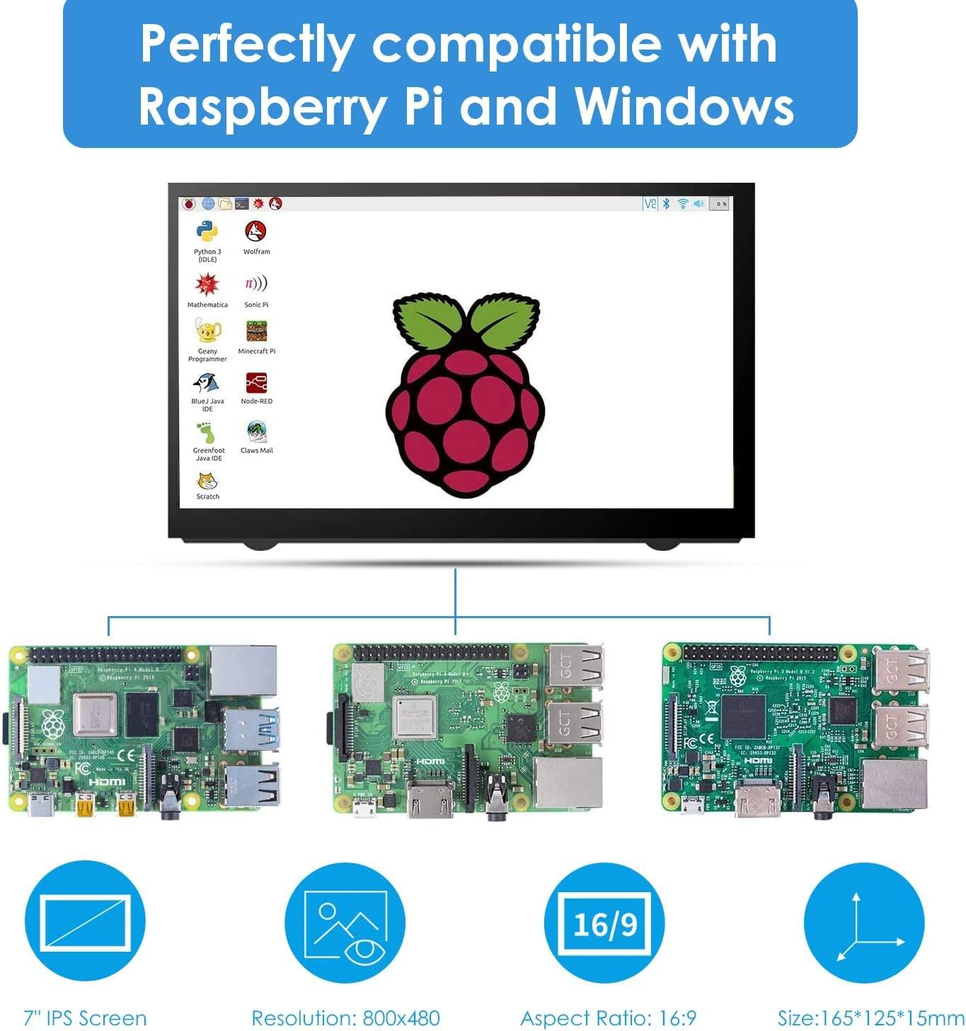 HAMTYSAN HAMTYSAN Raspberry Pi Screen 7 Inch HDMI Monitor 800x480 LCD Screen Display Mini Small Monitor for Raspberry Pi 4/3/2/Zero/B/B+ Win11/10/8/7 (Non-Touch), Driver Free