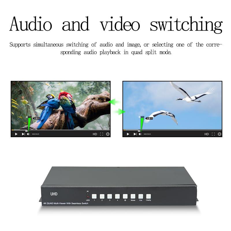 ICUIXIAN 4K HDMI KVM Switch 4x1 4 Port HDMI Multiviewer KVM Switch Support Keyboard Hotkey Switching 4 in 1 Out Audio KVM Switch with 5 Display Modes, for Camera, Laptop, PC, TV