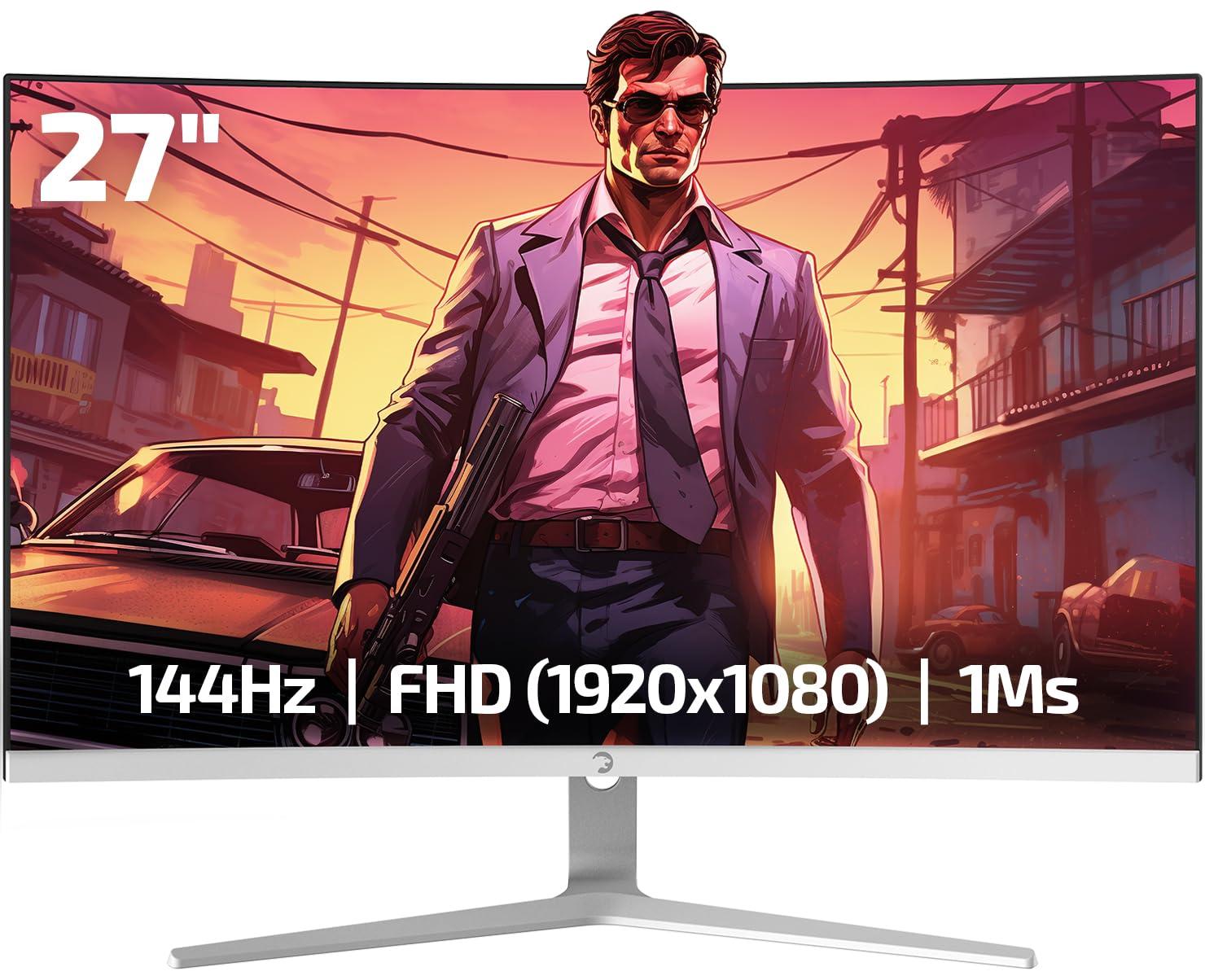 Game Power GAMEPOWER F20 27 Inch Curved White Gaming Monitor, 120Hz 1080p Display, 1ms Response Time, AMD FreeSync, HDR Support, 125% sRGB, RGB Backlight, Dual Speakers, Zero Frame Design, HDMI and VGA Inputs