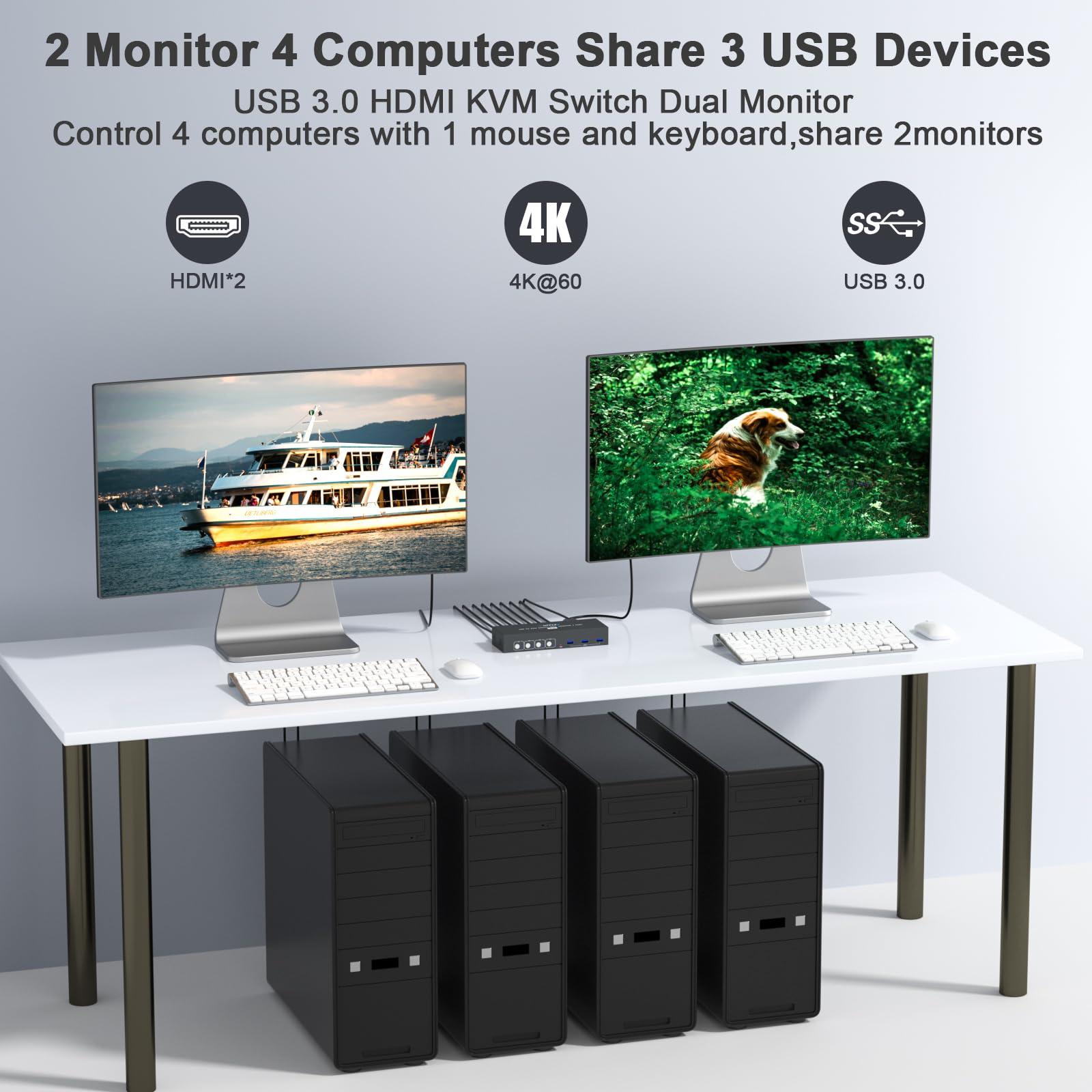 BDFFLY USB3.0 Switch HDMI Kvm Switch 4 Computers 2 Monitors with 3 USB Ports, 4K@60Hz for 4 Computers Sharing 2 Monitors and Keyboard Mouse, Supports Button Control, EDID Compatible