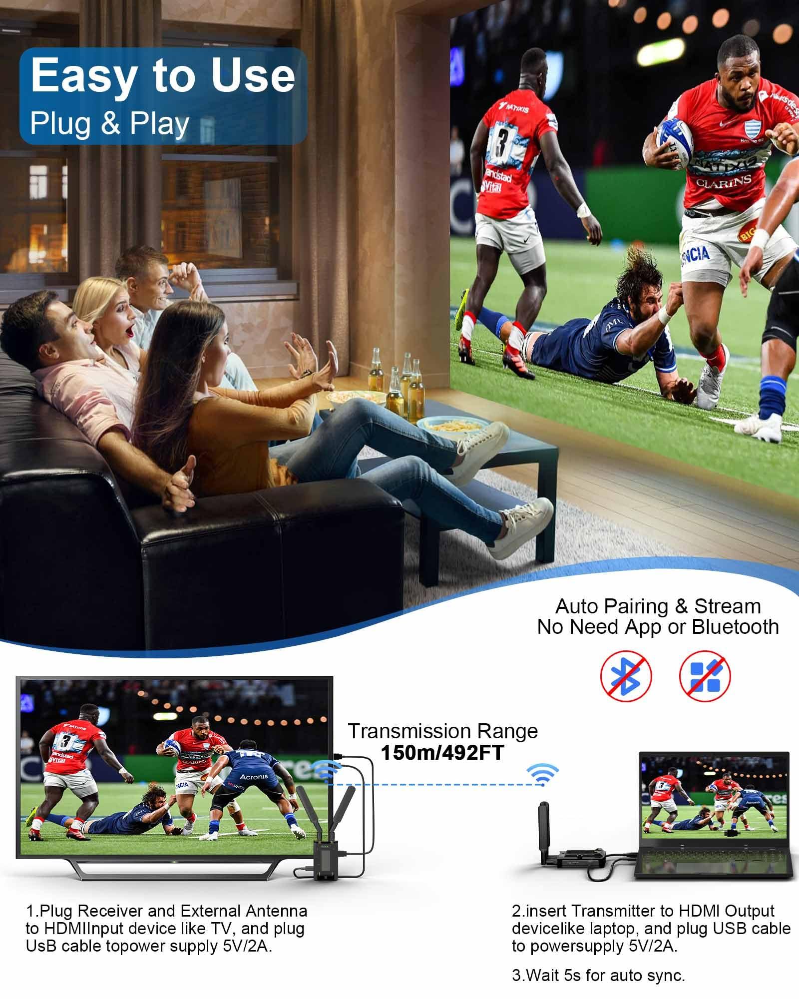 Tongtion Wireless HDMI Transmitter and Receiver 4K, 492FT Range Plug&Play HDMI Extender Kit, 5G HDMI Video Transmission System 4K Full HD for Streaming from DSLR/Laptop/Netflix/YouTube to TV/Projector