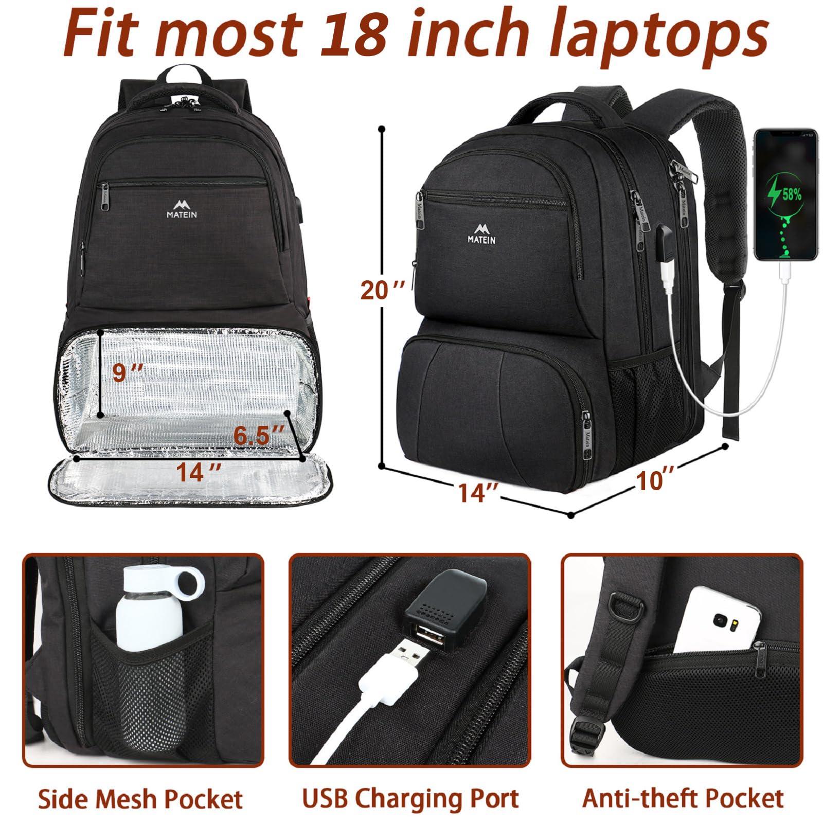 MATEIN MATEIN Lunch Backpack for Men, 18 Inch Large Insulated Backpack Cooler with USB Charging Port, Water Resistant Laptop Back pack with Lunch Box Bag for Work Travel Business College Picnic, Black