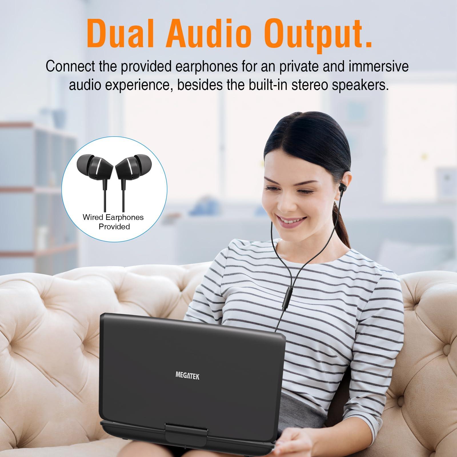 MEGATEK Megatek 12.5" Portable DVD Player with Headphones, Extended 6-Hour Battery, 10.5" HD Swivel Screen, Supports CD/DVD/USB/SD Card, Car Headrest Mount, Car Charger, AC Power Adapter, Remote Control