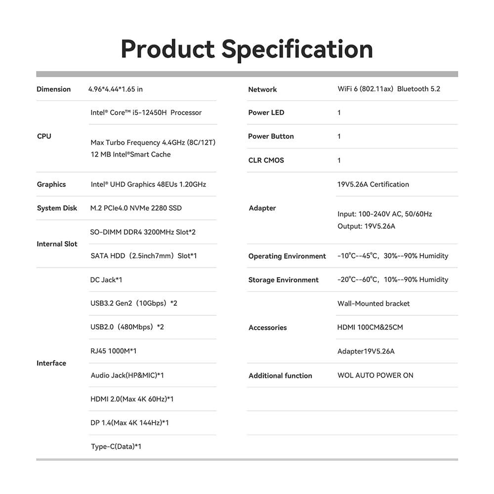 Beelink Beelink Mini PC, SEi12 Mini Computers Intel i5-12450H(Up to 4.4GHz) 8C/12T, Micro PC 16GB DDR4 RAM 1TB M.2 NVMe SSD, Desktop Computer 4K@60Hz/HDMI&DP/WiFi6/BT5.2/Gigabit Ethernet/HTPC/W-11 Pro