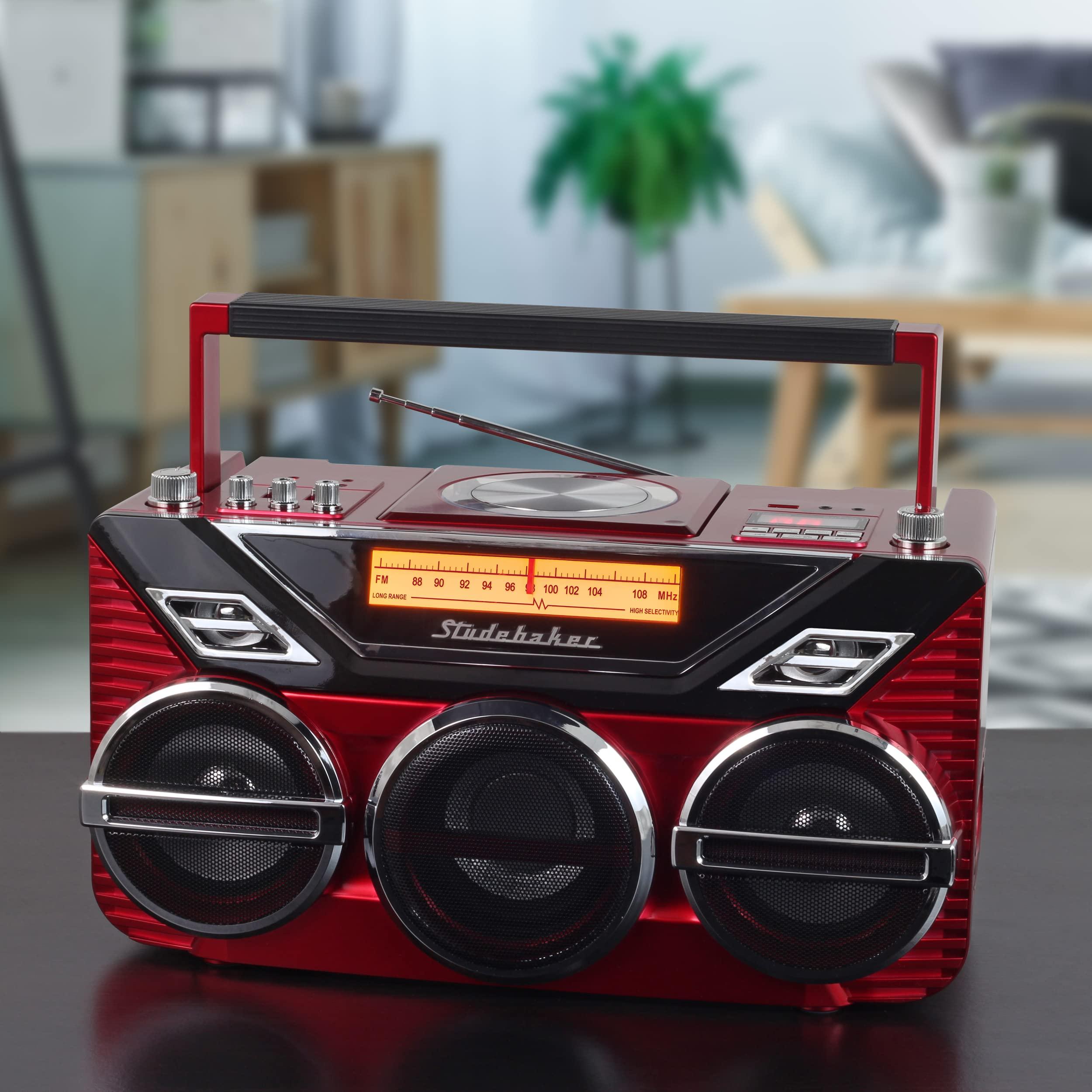 Studebaker Retro Studebaker Avanti Stereo Boombox with CD, FM Stereo Radio, Bluetooth Receive and Transmit, LED Light Show and 15W Subwoofer for High Power Bass (Red)