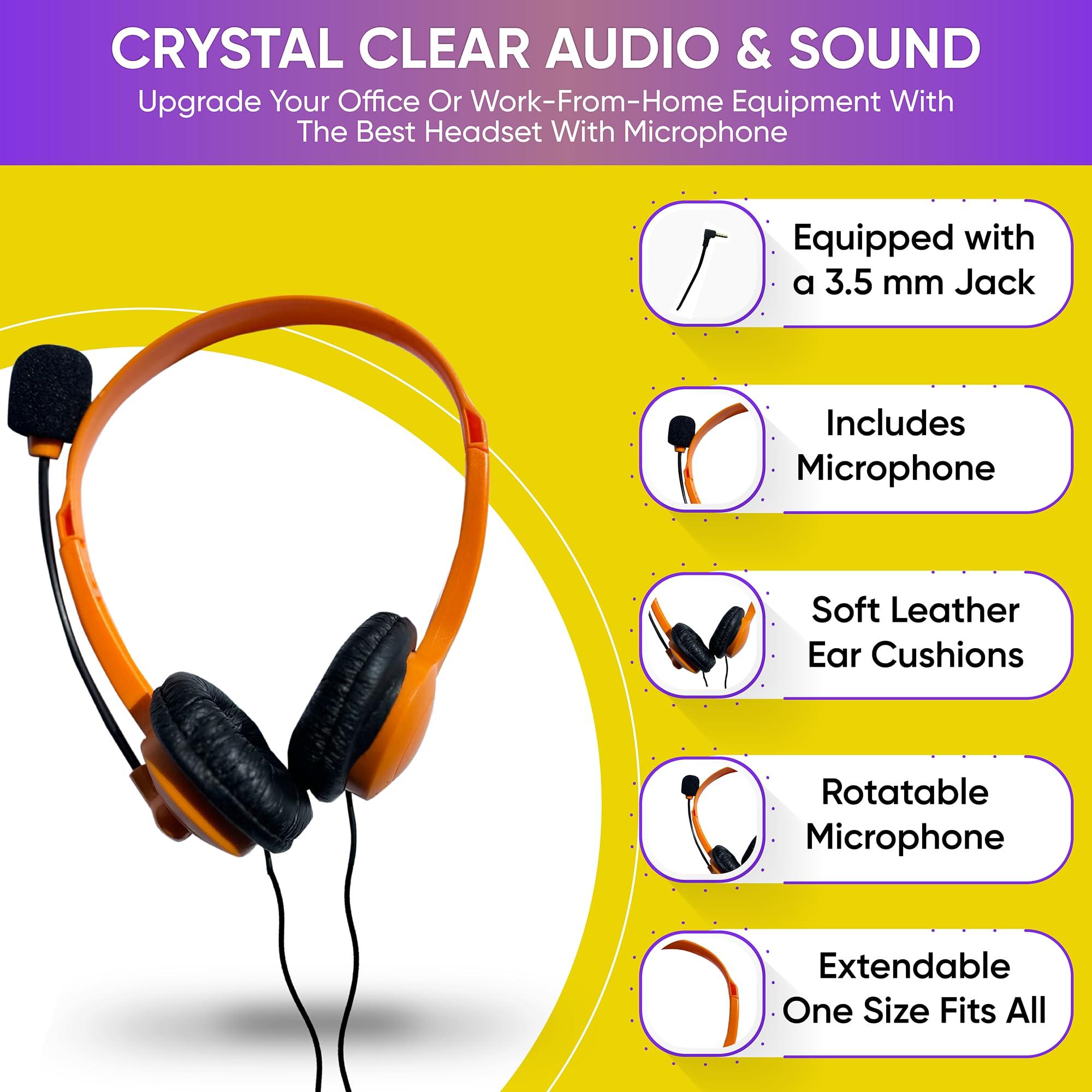 Bulktech 50 Pack Bulk Wired On-Ear Leather Headsets with Boom Microphone and 3.5mm Connector, Black