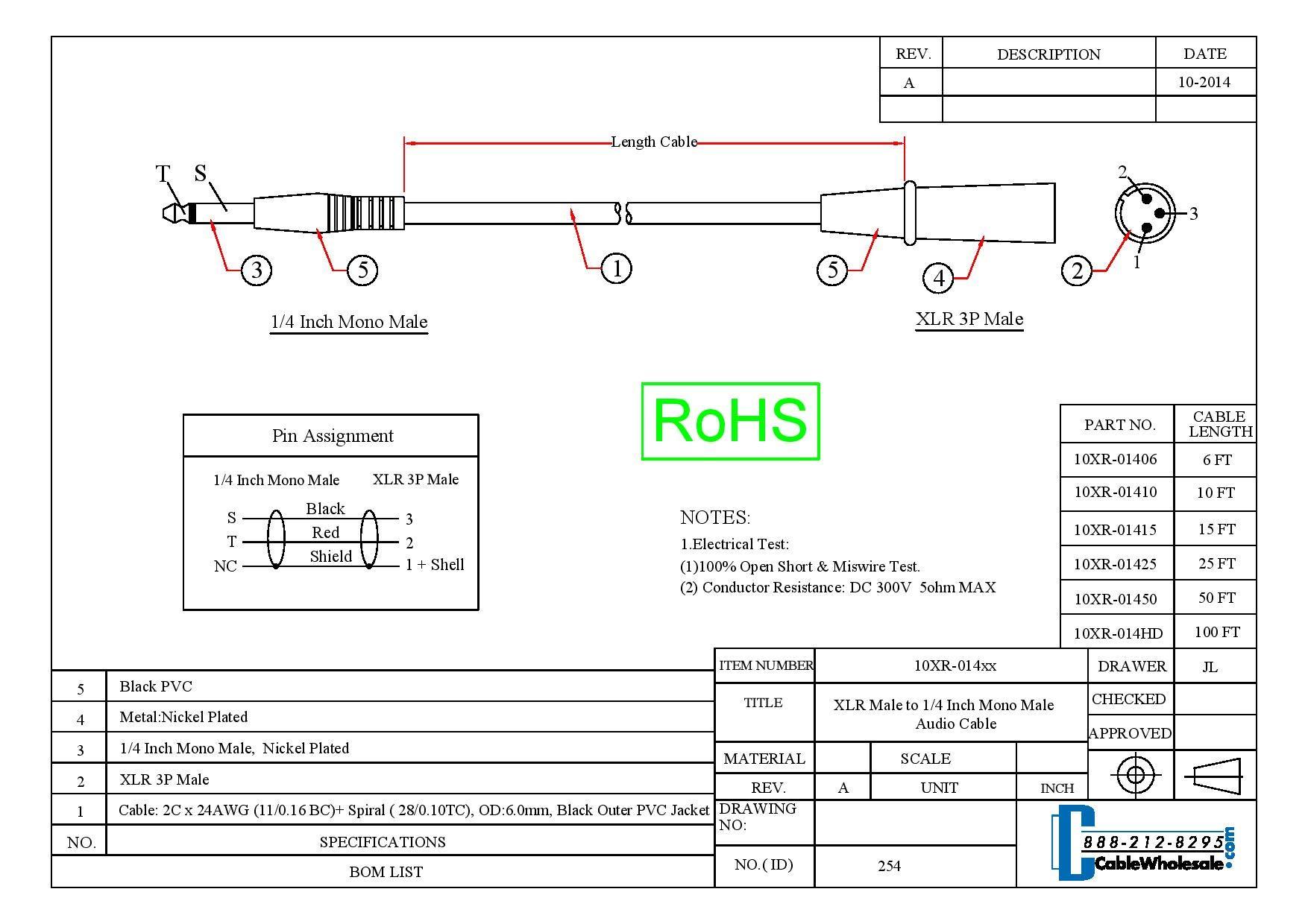 CableWholesale CableWholesale 3-Pin XLR Male to 1/4\" Mono Male Audio Cable, 24 AWG Microphone Cable, 10 feet