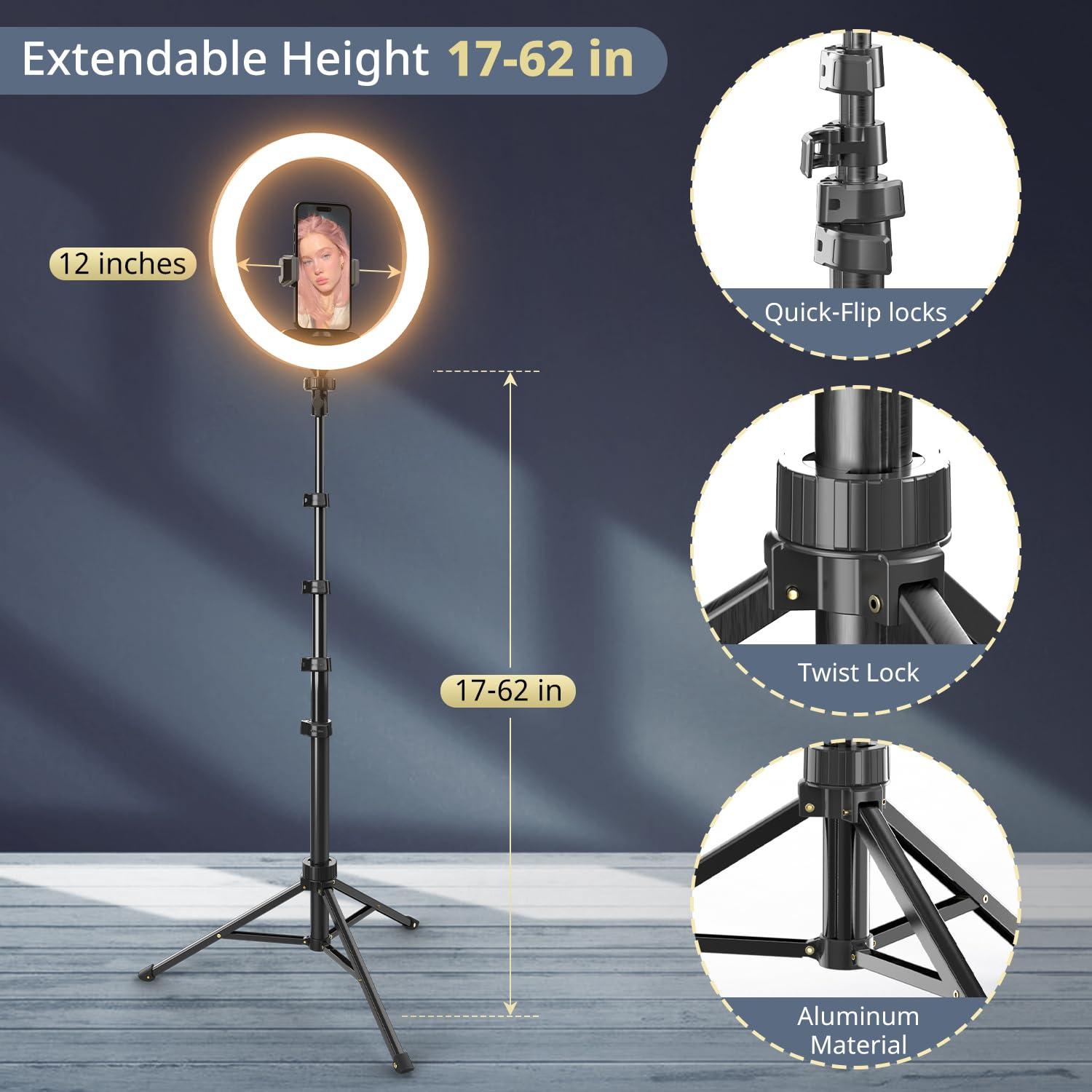 UBeesize UBeesize 12 Selfie Ring Light with 62 Extendable Tripod Stand & Remote, LED Circle Light with Phone Holder for Video Recording/Makeup/Content Creator (YouTube/TikTok/Twitch), Phone, Camera & Webcam