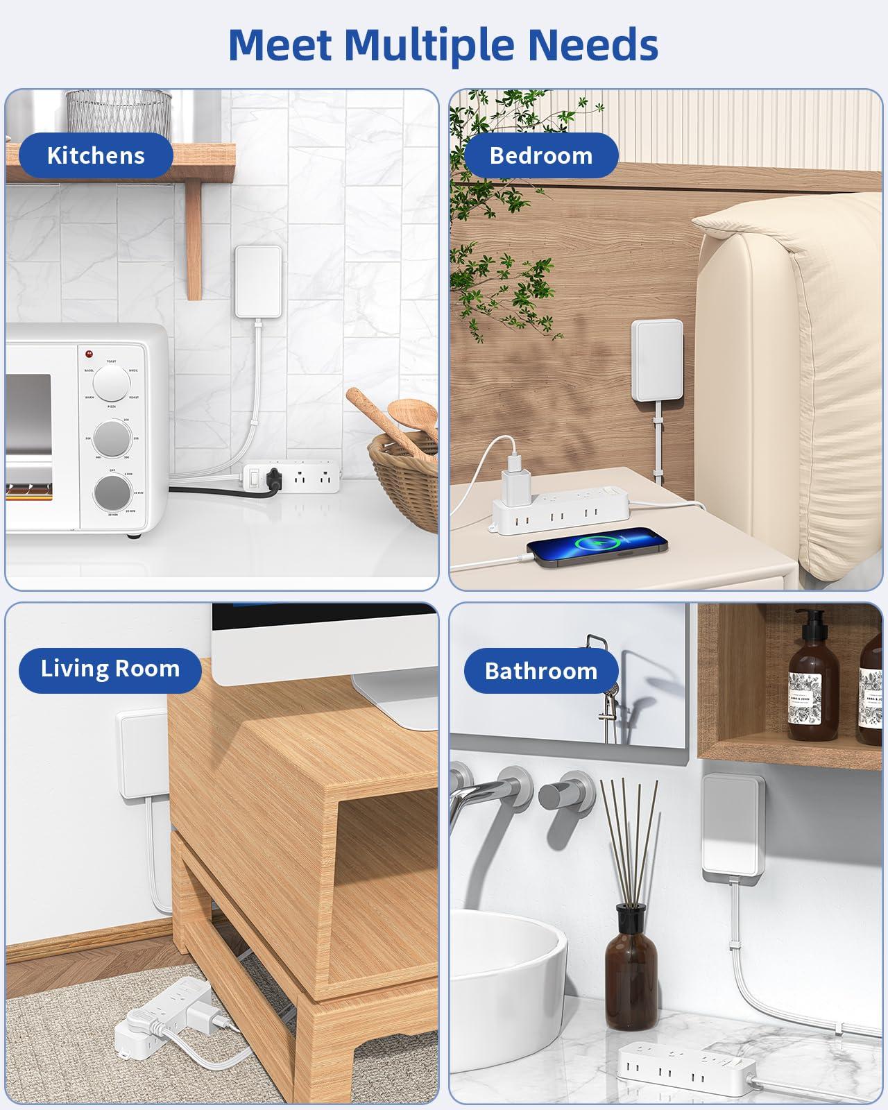 PAEWOK Flat Outlet Extender with Detachable Outlet Cover, Flat Wall Extension Cord with 6 Sockets, Flat Plug Power Strip with 5 FT Cord Hidden for Home, Office, College Dorm, White