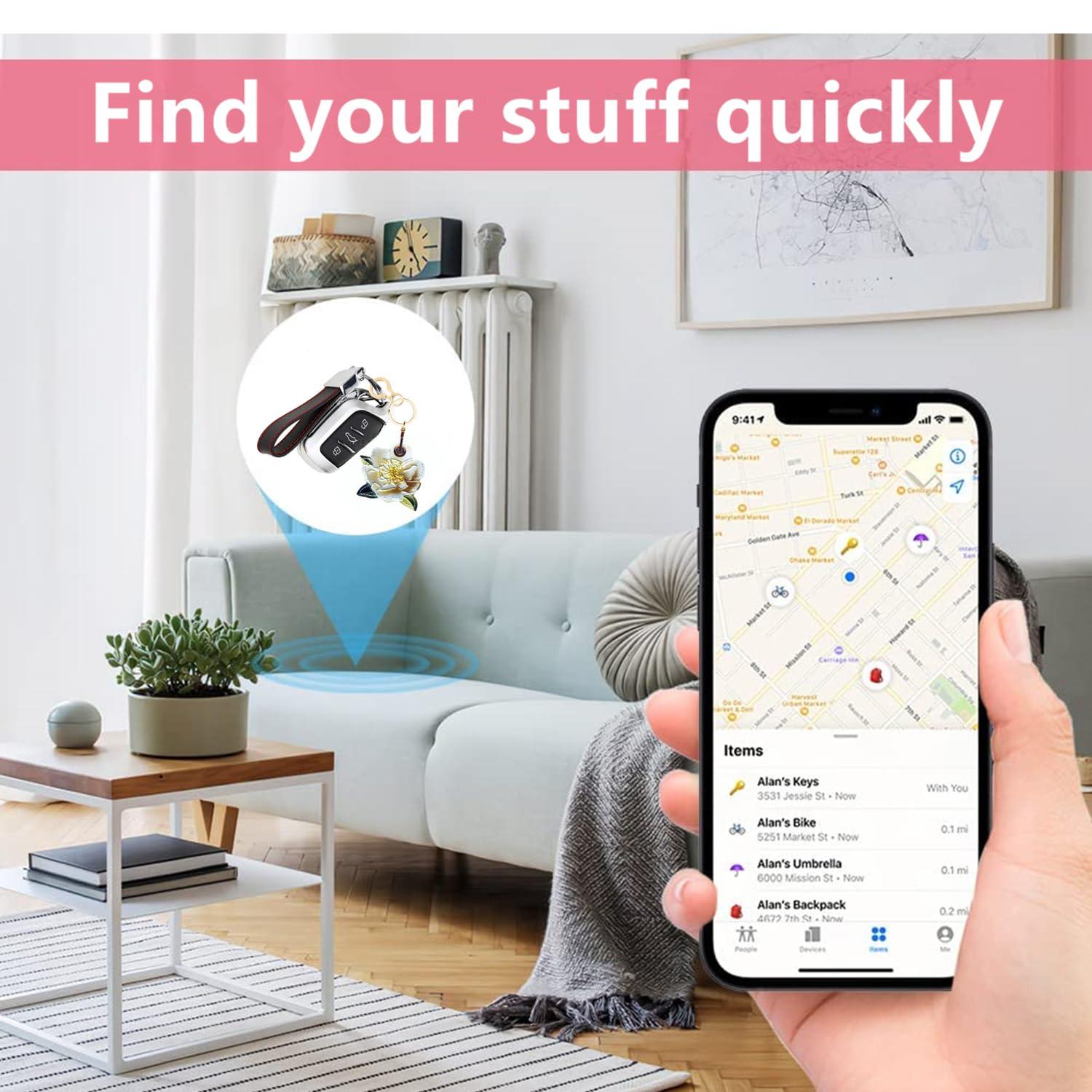 BORKUANA BORKUANA Leather Keychain Holder Case Compatible with Apple AirTag, Cute Protective Air Tag Cover with Keychain Ring, Anti-Scratch Finder GPS Tracker Case for Wallet Keys(White Peony)