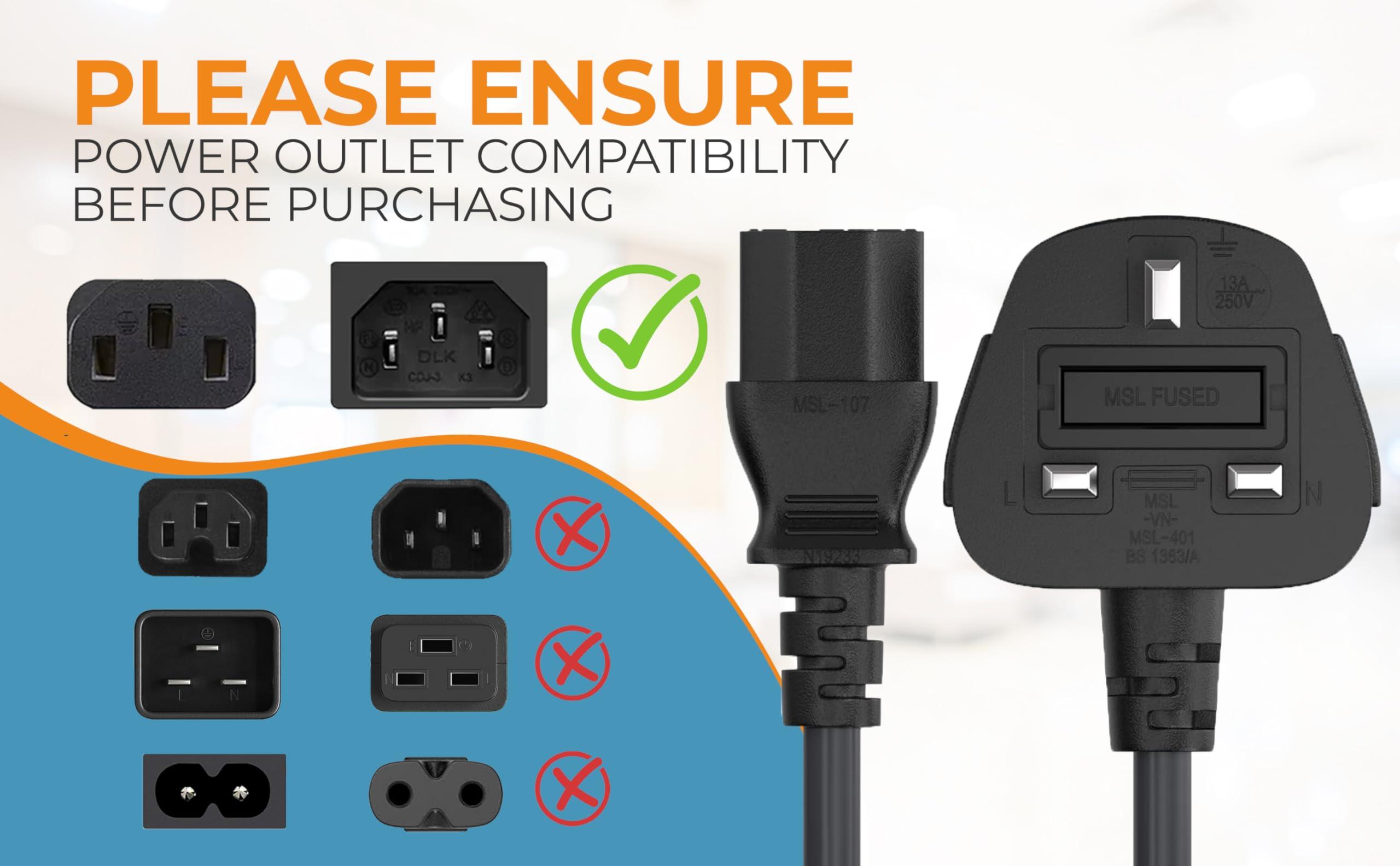 Cable Leader CableLeader 10ft IEC320 C13 to BS1363 England UK Power Cord with Fuse 18AWG 13A/250V, Heavy-Duty for PCs, Monitors, Scanners, Printers, Britain 3 Prong Type G Plug, Black