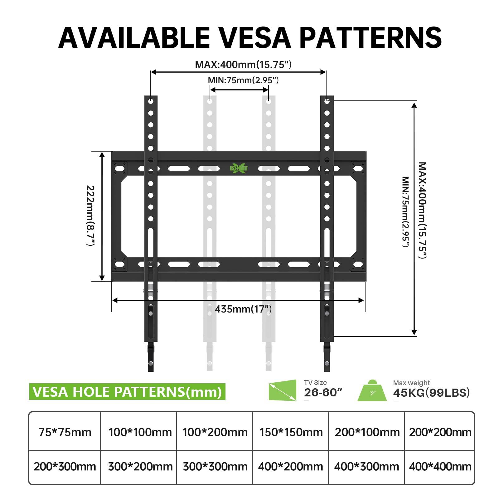 USX MOUNT USX MOUNT Fixed TV Wall Mount with Low Profile for Most 26-60 Inch LED, LCD and Flat Screen TVs, Wall Mount Bracket with VESA Up to 400x400mm and Weight Capacity 99lbs,and Space Saving TV Bracket