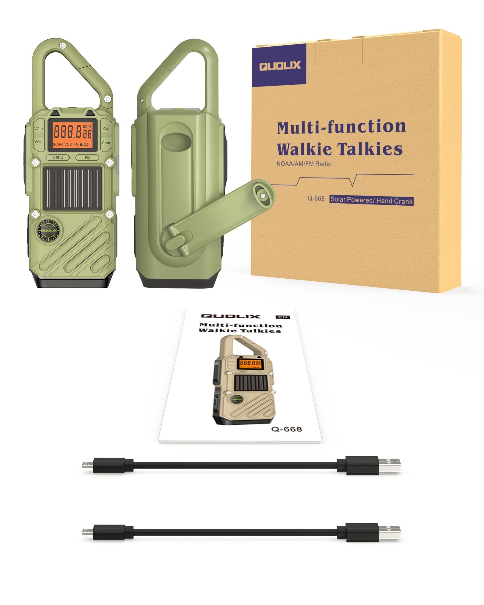 QUOLIX Rechargeable Adult Walkie Talkie with Emergency Solar Hand Crank Charging with FM/NOAA,Weather Alert,LED Flashlight-USB Charging and SOS Siren Long Range 2 - (Way Radio)
