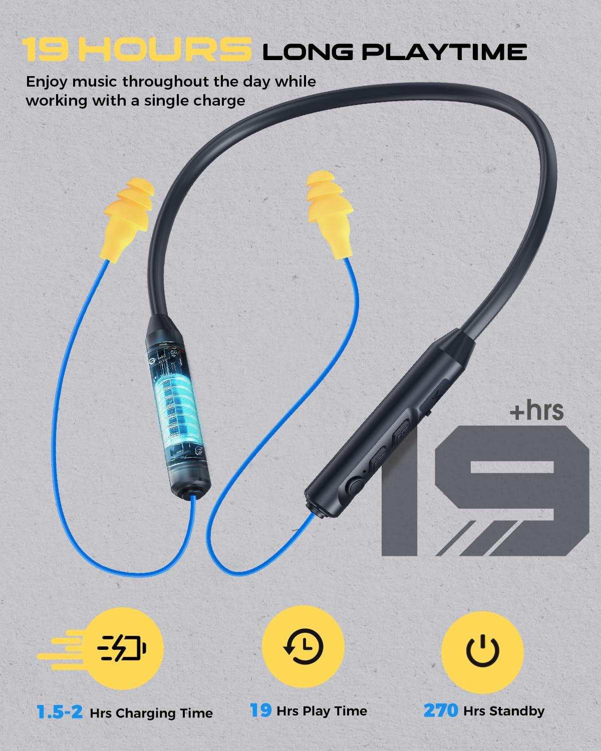 MIPEACE MIPEACE Bluetooth Earplug Headphones, Neckband Wireless Earbuds earplugs-29db Noise Reduction isolating in-Ear earplug Earphones and Controls,IPX5 sweatproof,19+Hour Battery(Blue)